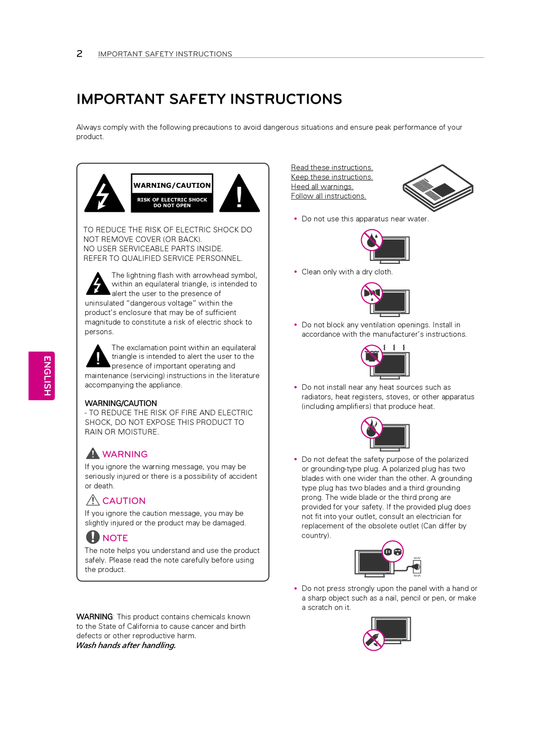 LG Electronics 55LA8600, 60LA8600 owner manual Important Safety Instructions, English 