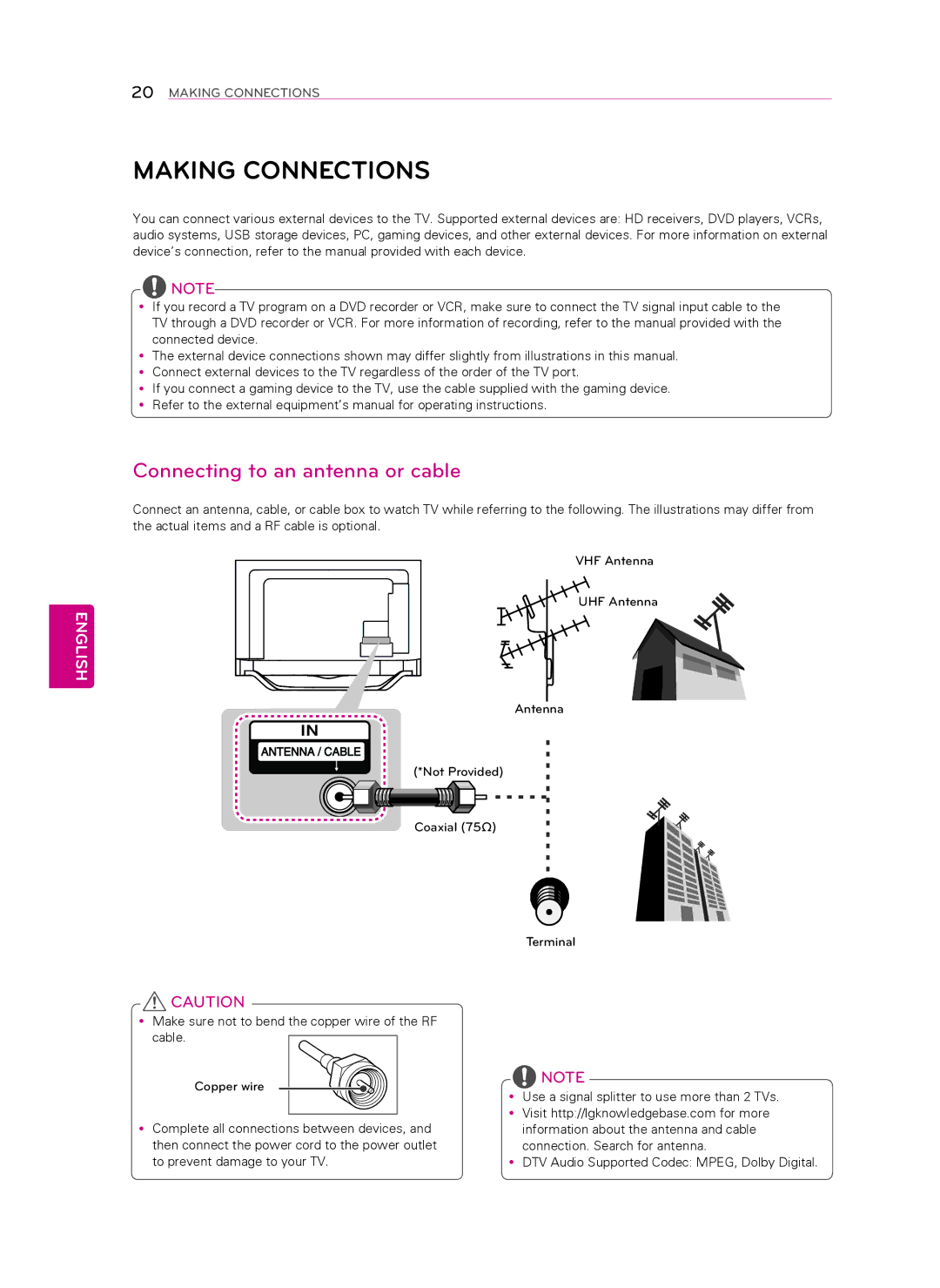 LG Electronics 55LA8600, 60LA8600 owner manual Making Connections, Connecting to an antenna or cable 