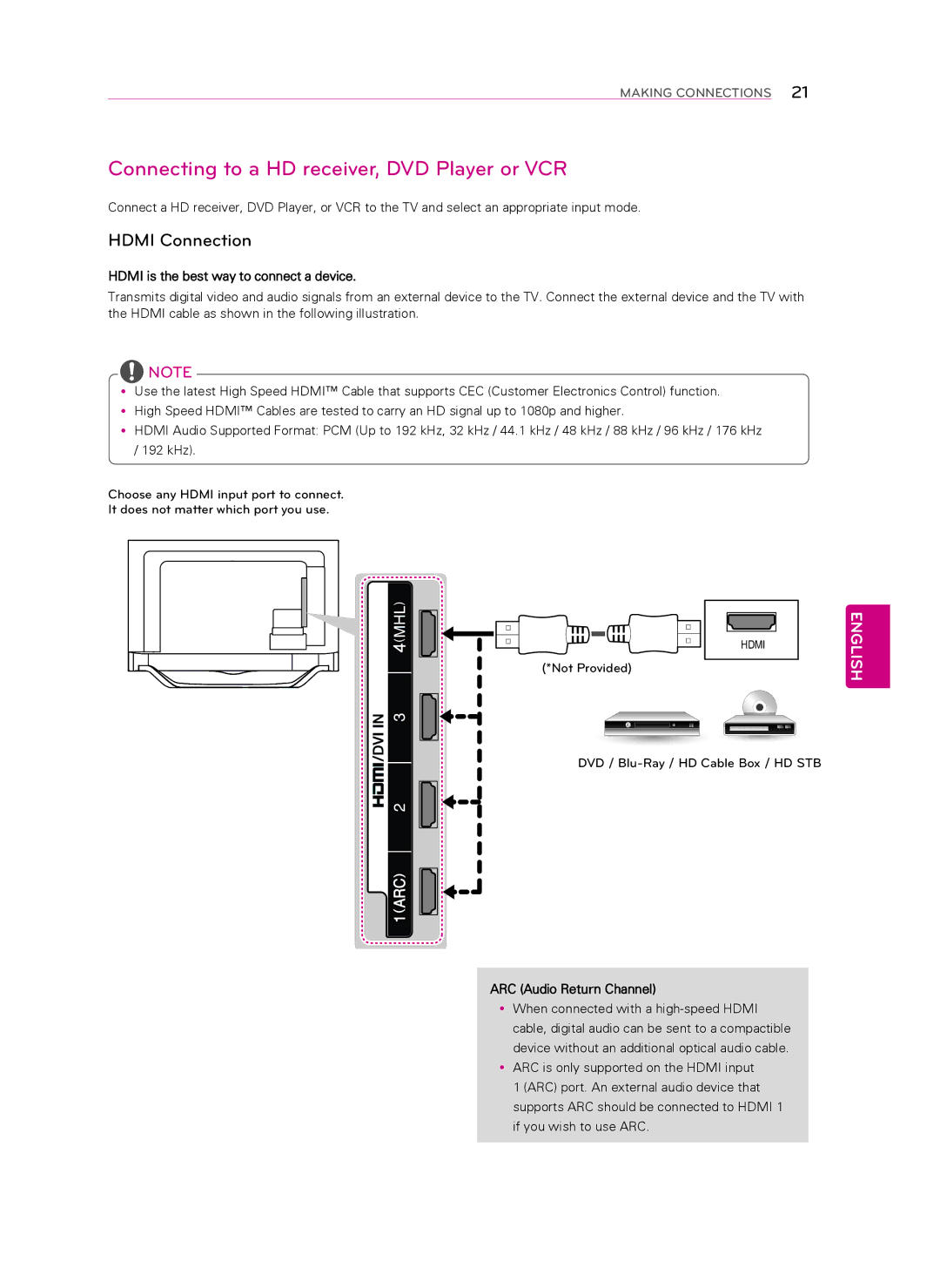 LG Electronics 60LA8600 Connecting to a HD receiver, DVD Player or VCR, Hdmi Connection, ARC Audio Return Channel 