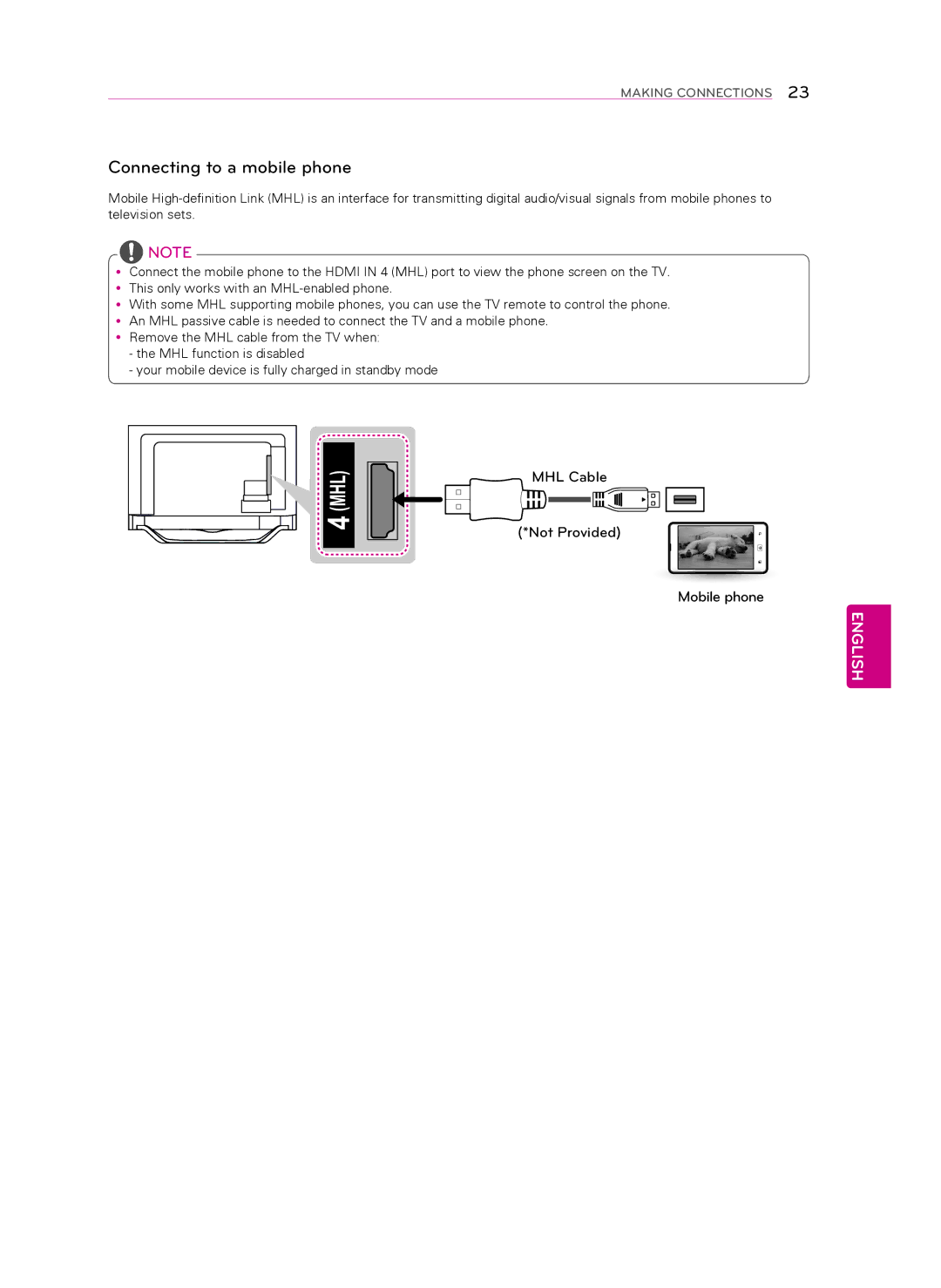 LG Electronics 60LA8600, 55LA8600 owner manual Connecting to a mobile phone, MHL Cable Not Provided Mobile phone 