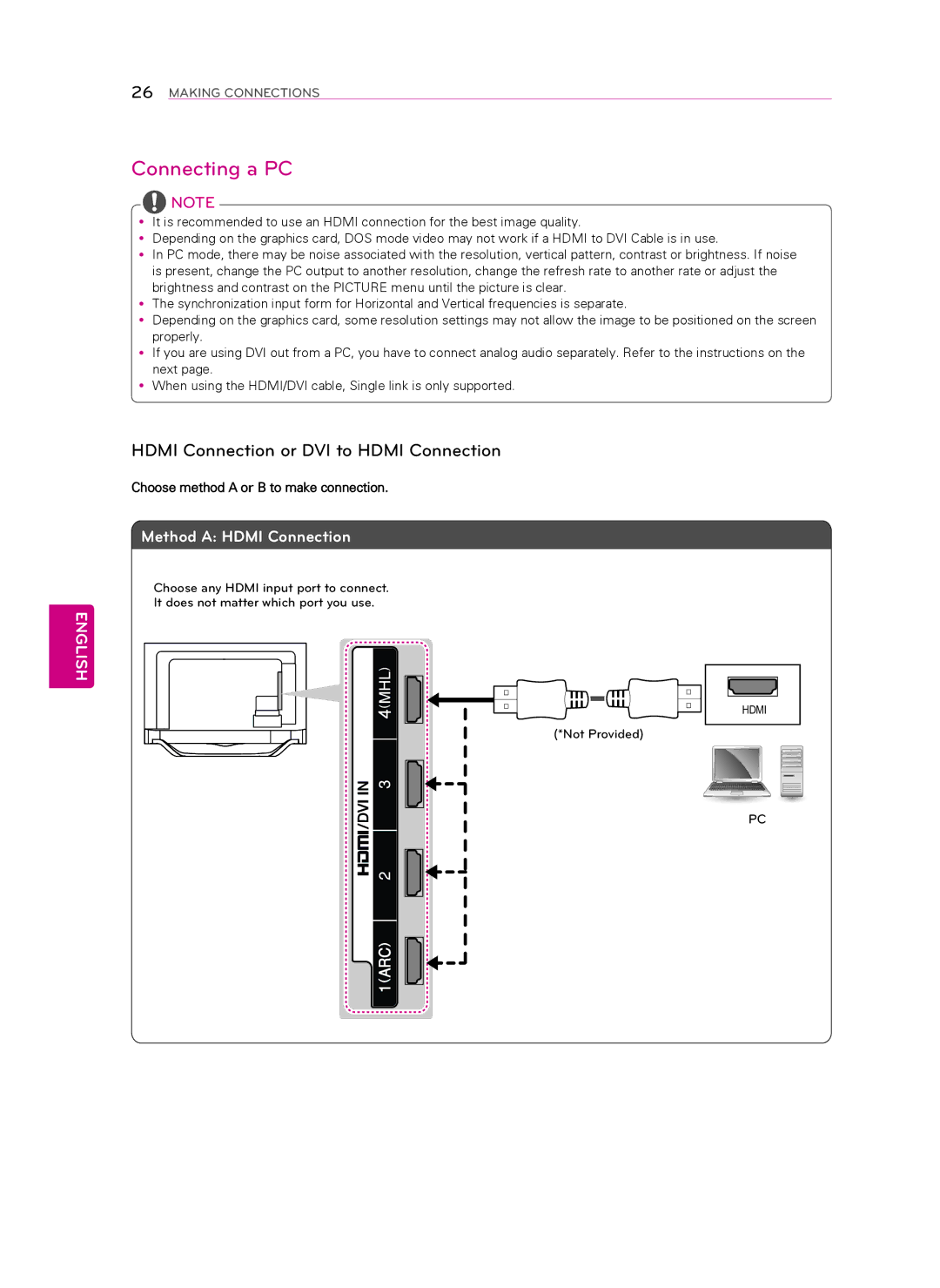 LG Electronics 55LA8600, 60LA8600 owner manual Connecting a PC, Hdmi Connection or DVI to Hdmi Connection 