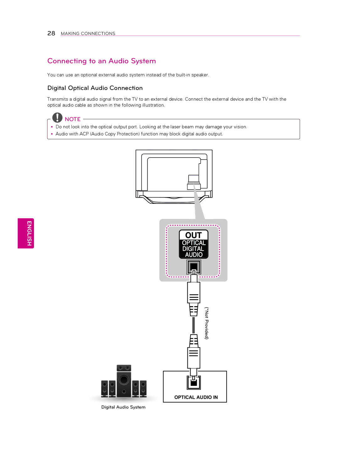 LG Electronics 55LA8600, 60LA8600 owner manual Connecting to an Audio System, Digital Optical Audio Connection 