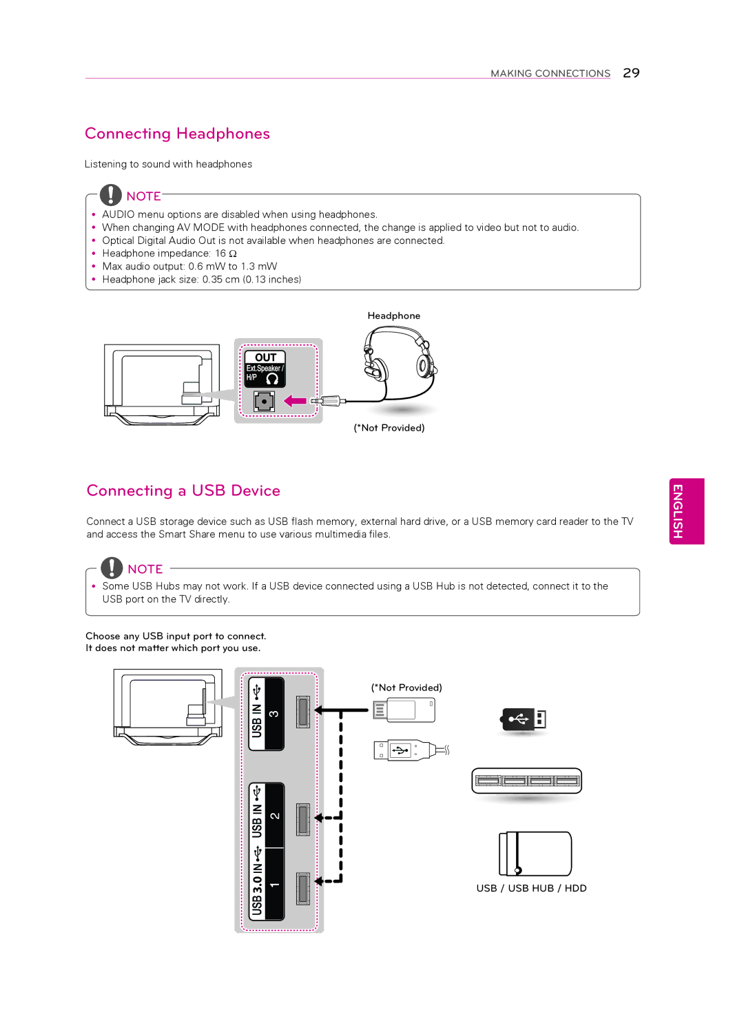 LG Electronics 60LA8600, 55LA8600 owner manual Connecting Headphones, Connecting a USB Device 