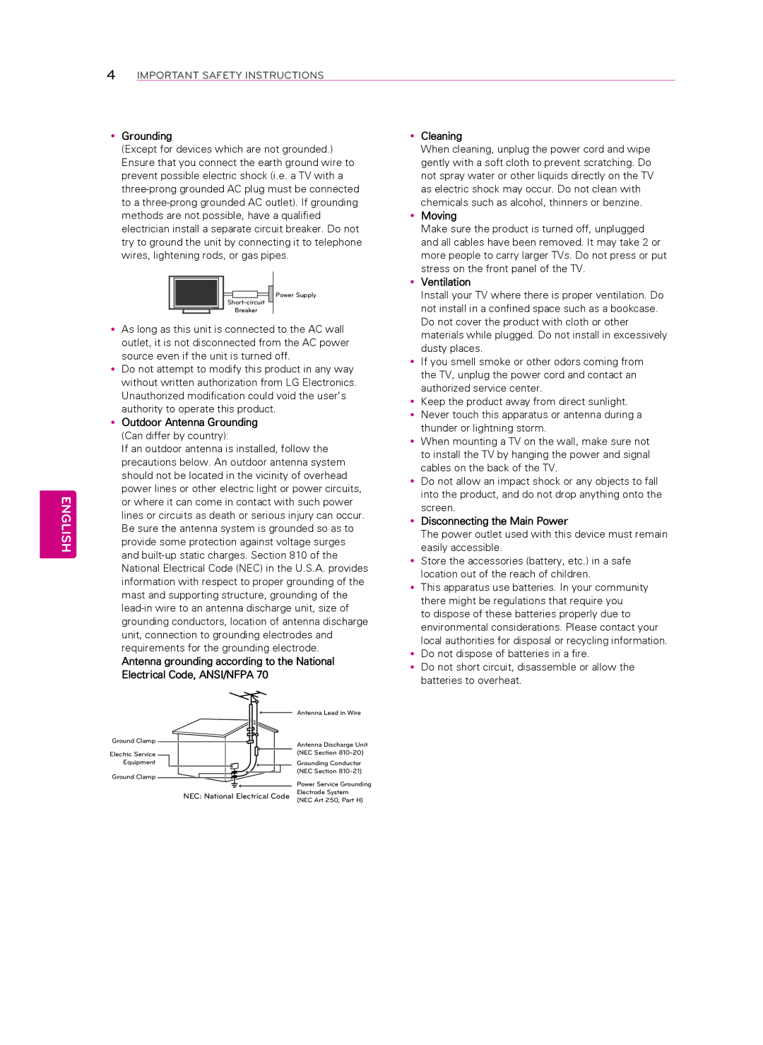 LG Electronics 55LA8600 YyGrounding, YyOutdoor Antenna Grounding, YyMoving, YyVentilation, YyDisconnecting the Main Power 