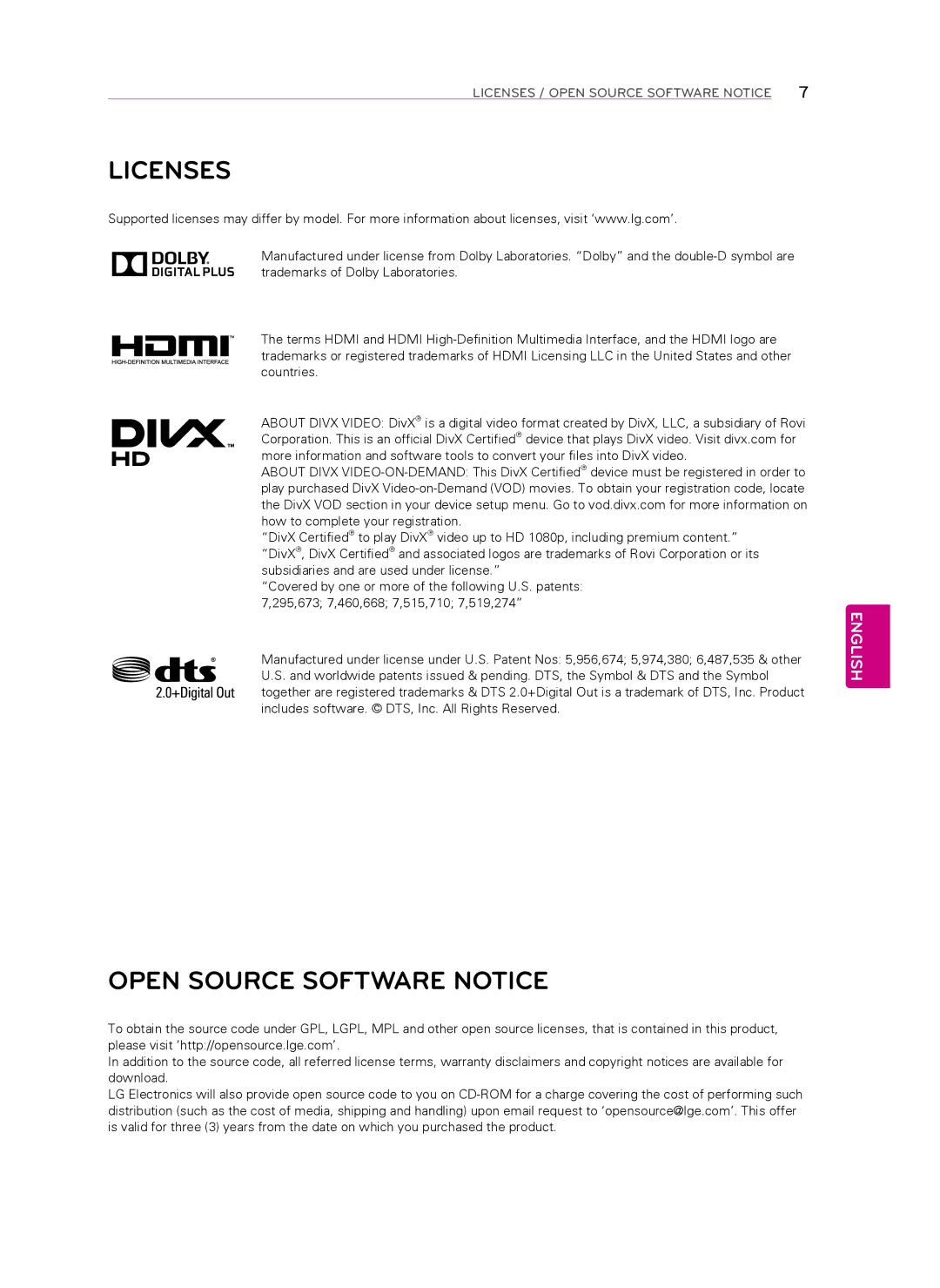 LG Electronics 60LA8600, 55LA8600 owner manual Licenses, Open Source Software Notice 