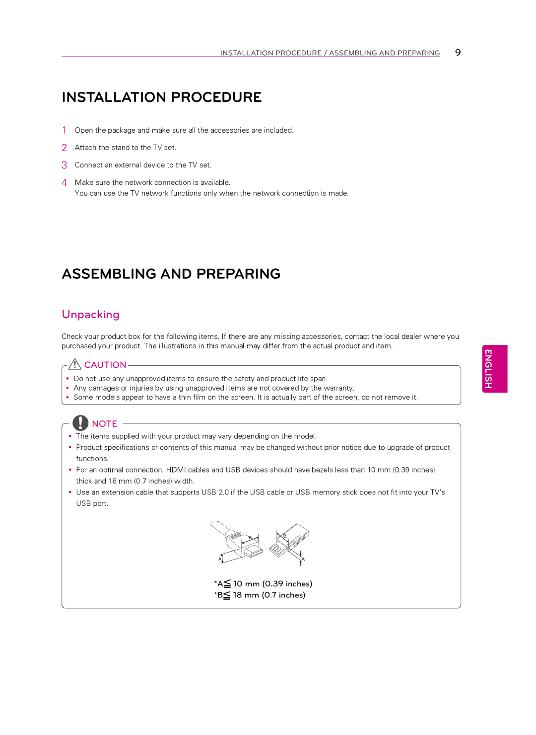 LG Electronics 60LA8600, 55LA8600 owner manual Assembling and Preparing, Unpacking, 10 mm 0.39 inches *B 18 mm 0.7 inches 