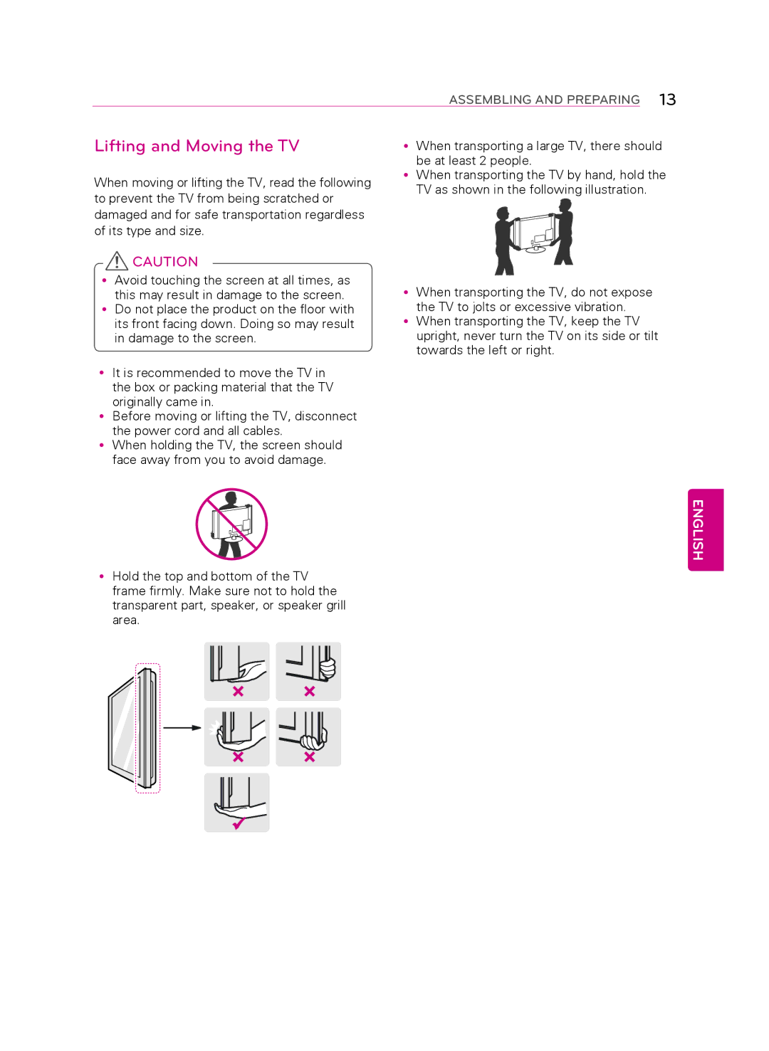 LG Electronics 55LA9650 owner manual Lifting and moving the TV 