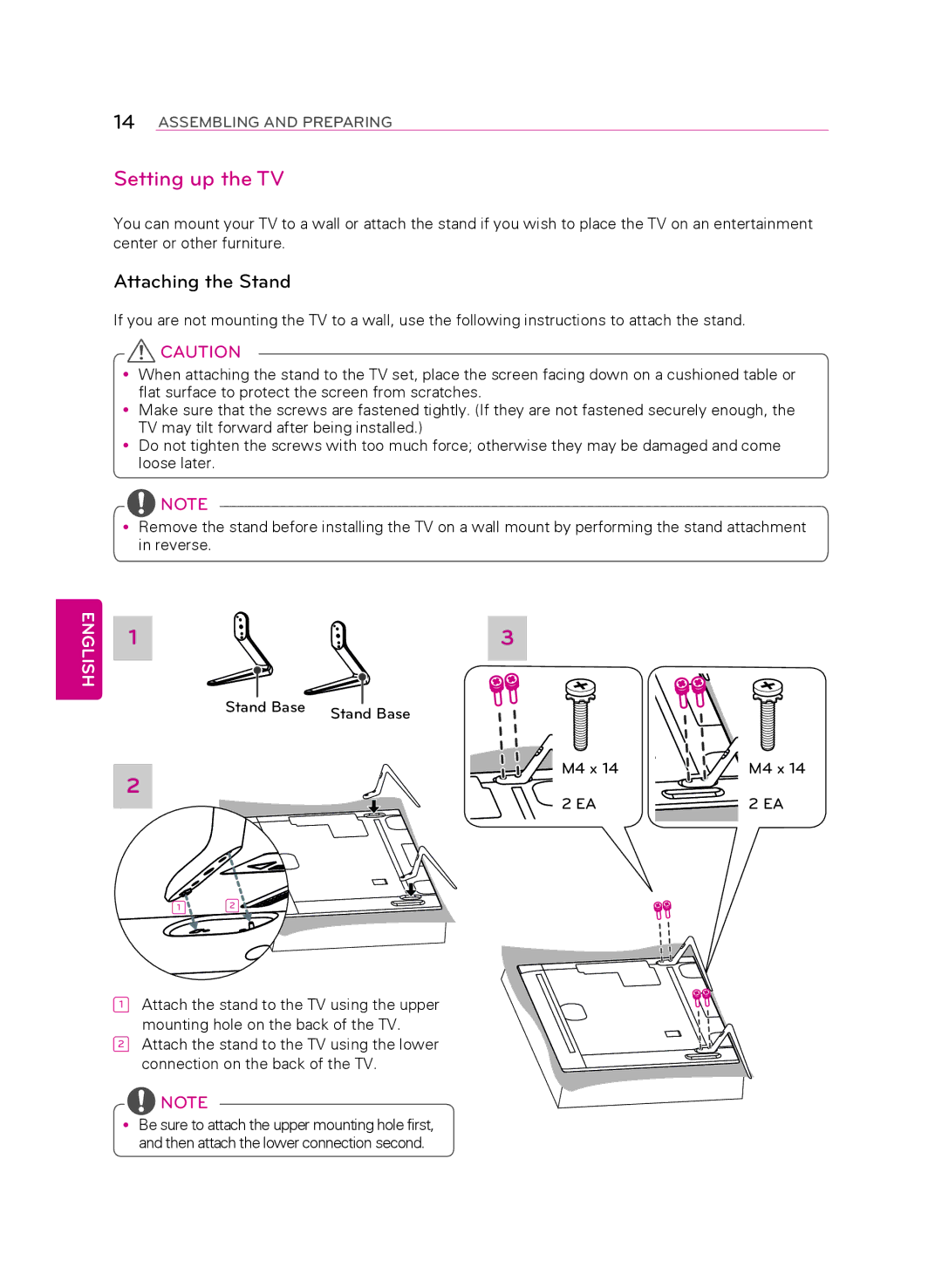 LG Electronics 55LA9650 owner manual Setting up the TV, Attaching the stand 