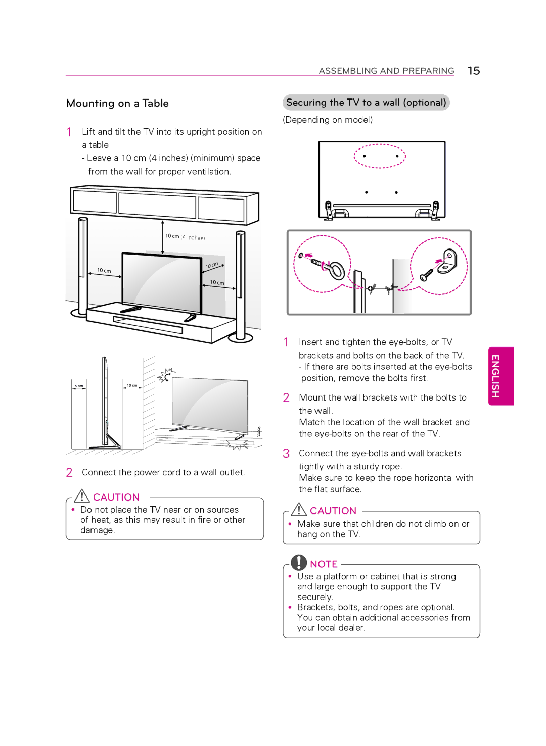 LG Electronics 55LA9650 owner manual Mounting on a table, Connect the power cord to a wall outlet 