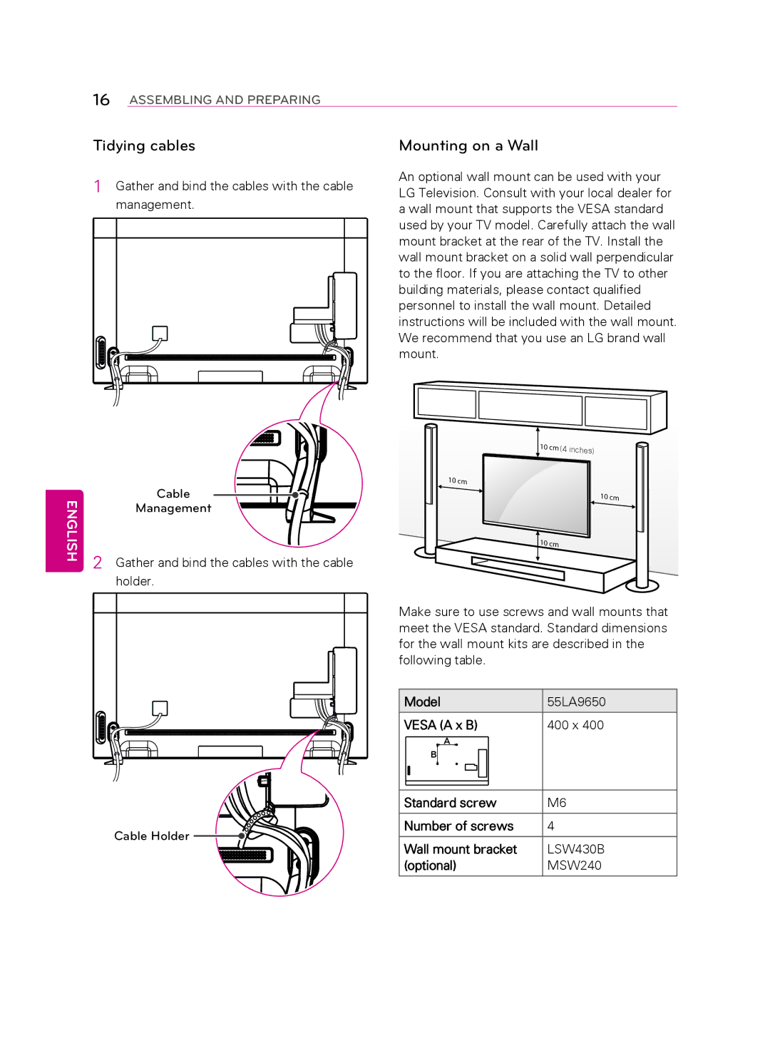 LG Electronics 55LA9650 owner manual Tidying cables, Mounting on a wall 