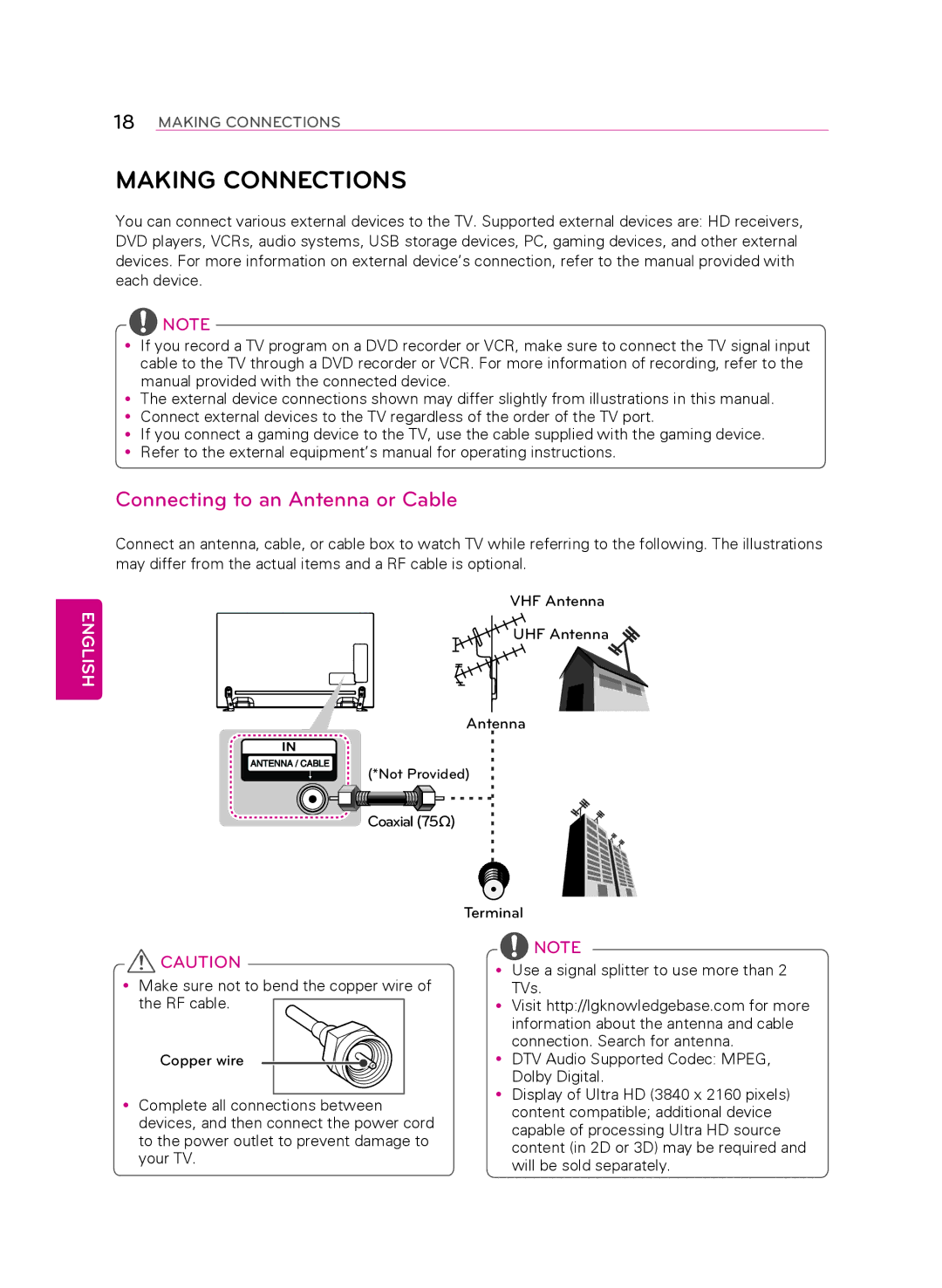 LG Electronics 55LA9650 owner manual Making Connections, Connecting to an Antenna or Cable 