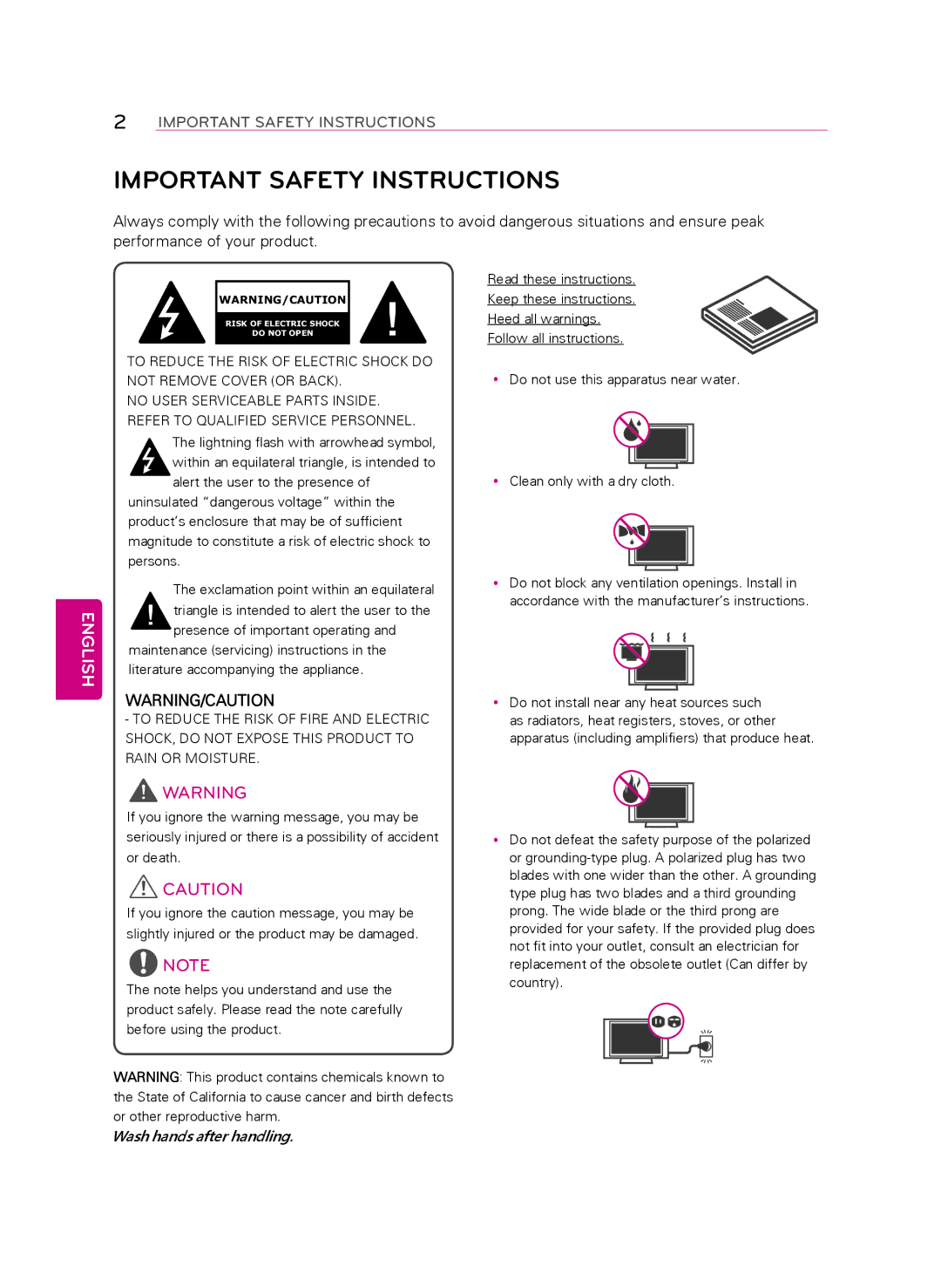 LG Electronics 55LA9650 owner manual Important Safety Instructions, English 