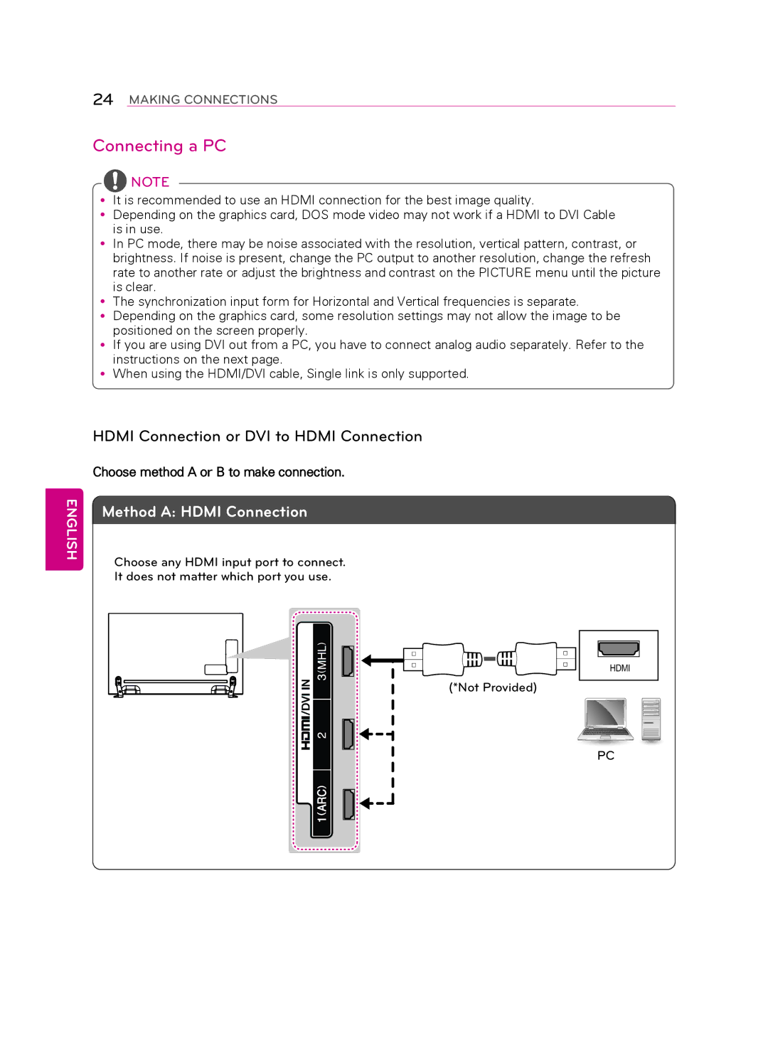 LG Electronics 55LA9650 owner manual Connecting a PC, Hdmi Connection or DVI to Hdmi Connection 