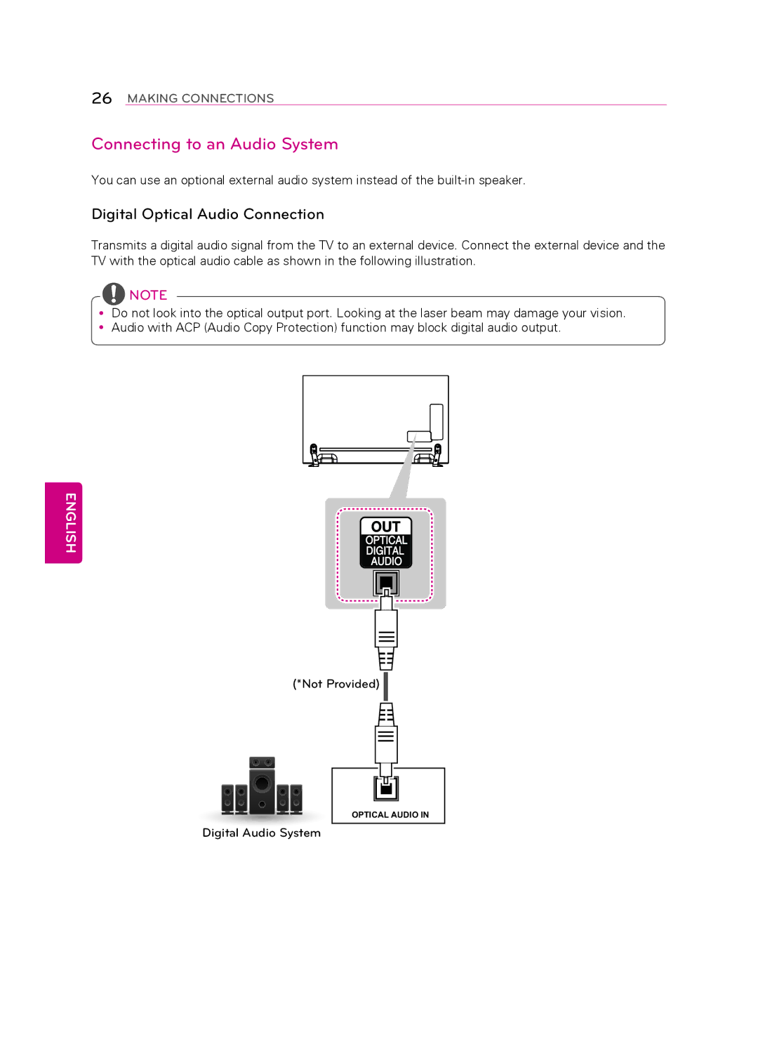 LG Electronics 55LA9650 owner manual Connecting to an Audio System, Digital Optical Audio Connection 