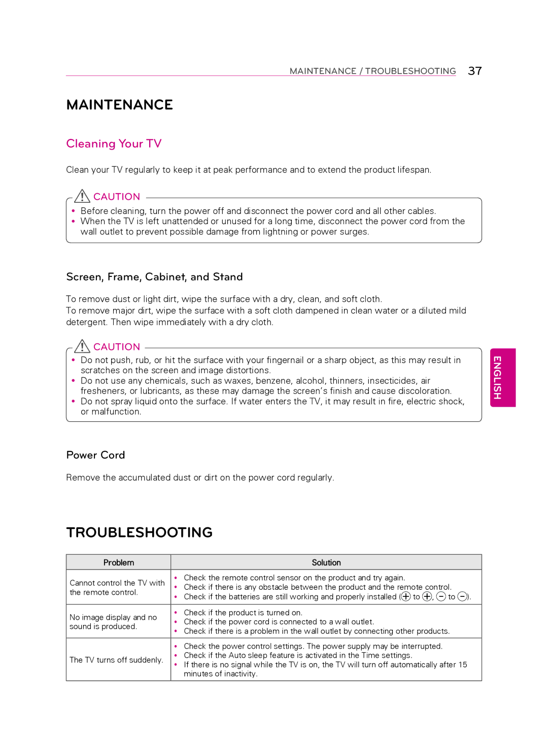 LG Electronics 55LA9650 Maintenance, Troubleshooting, Cleaning Your TV, Screen, frame, cabinet, and stand, Power cord 