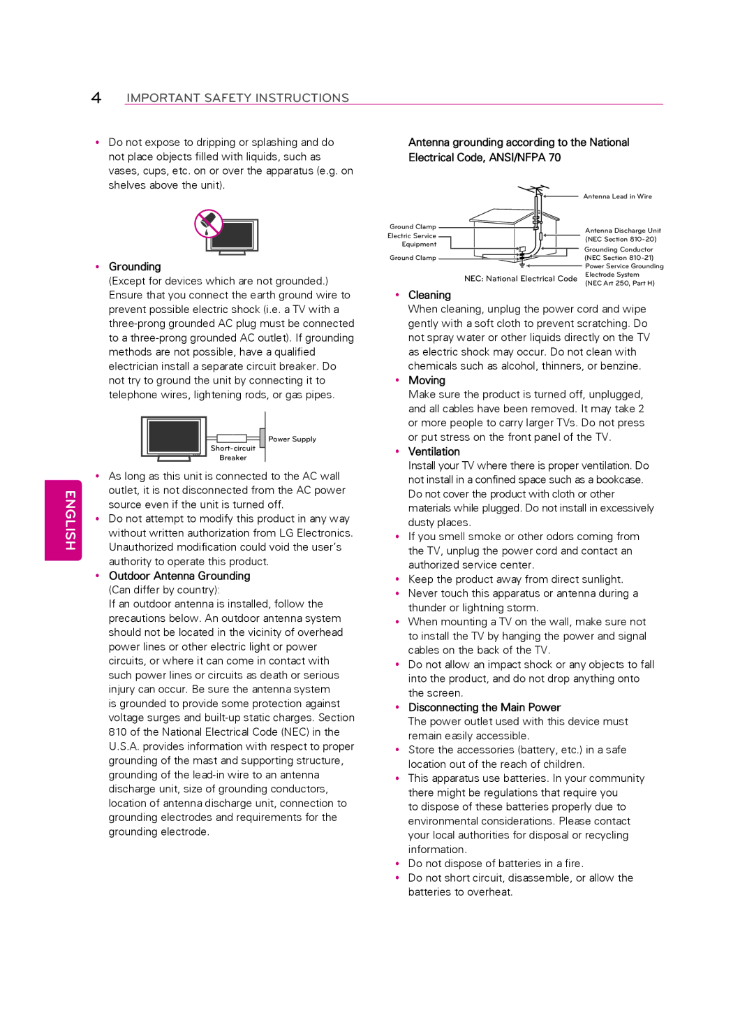 LG Electronics 55LA9650 YyOutdoor Antenna Grounding, YyCleaning, YyMoving, YyVentilation, YyDisconnecting the Main Power 