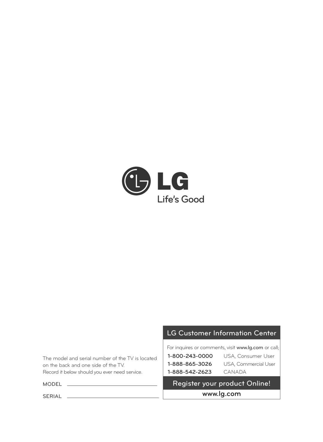 LG Electronics 55LA9650 owner manual LG Customer Information Center 