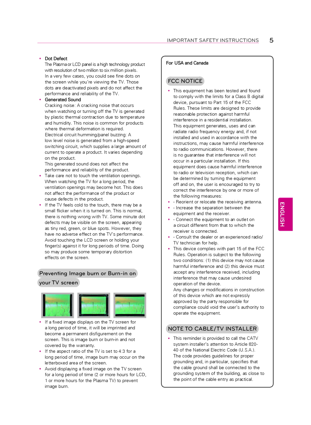 LG Electronics 55LA9650 owner manual Preventing Image burn or Burn-in on your TV screen, YyDot Defect, YyGenerated Sound 