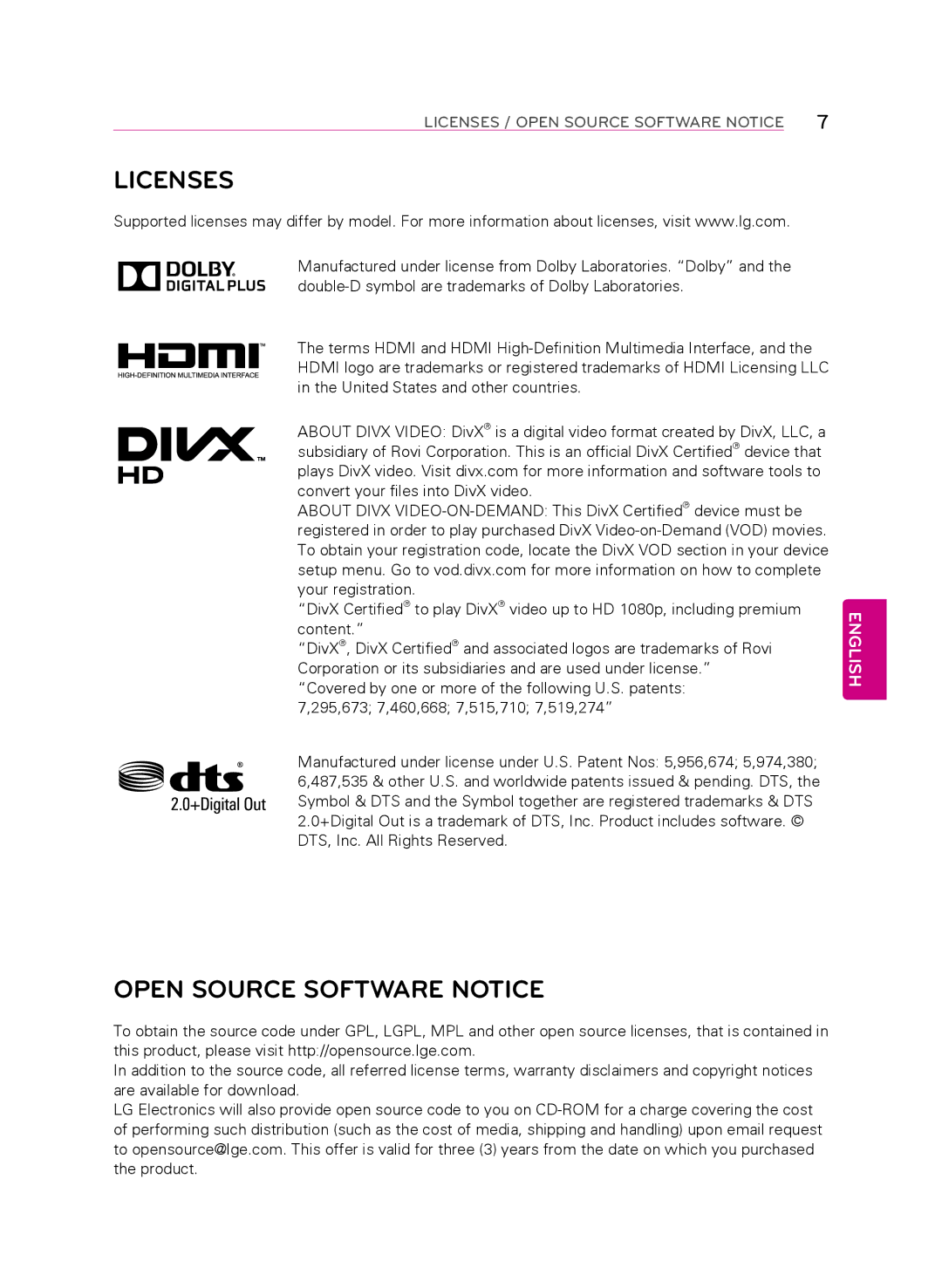 LG Electronics 55LA9650 owner manual Licenses, Open Source Software Notice 