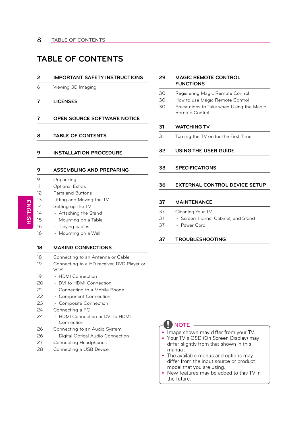 LG Electronics 55LA9650 owner manual Table of Contents 