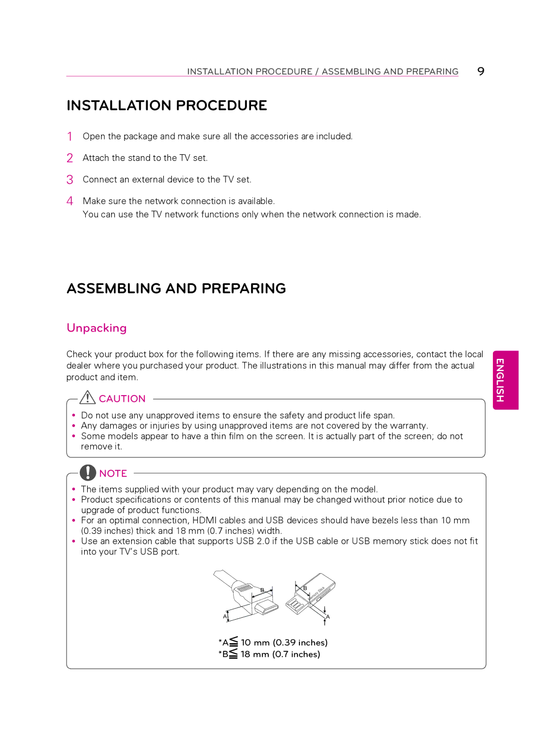 LG Electronics 55LA9650 owner manual Assembling and Preparing, Unpacking 