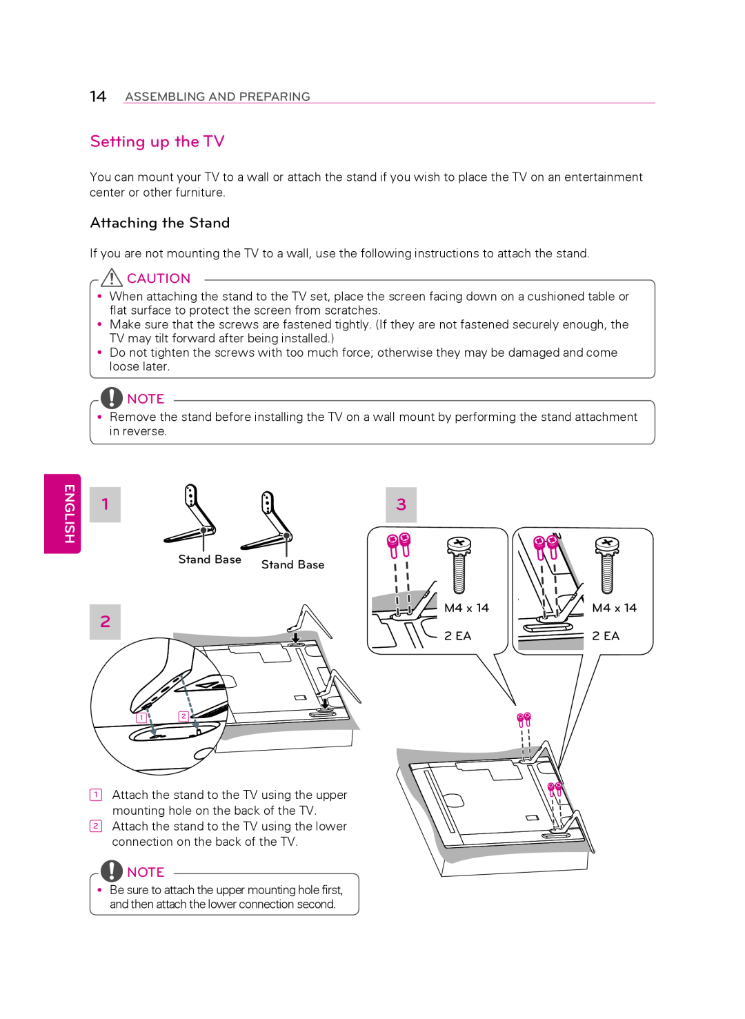 LG Electronics 55LA9650 owner manual Setting up the TV, Attaching the stand, English, Assembling And Preparing 