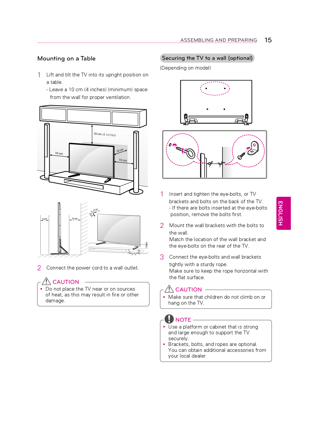 LG Electronics 55LA9650 Mounting on a table, English, Assembling And Preparing, Connect the power cord to a wall outlet 