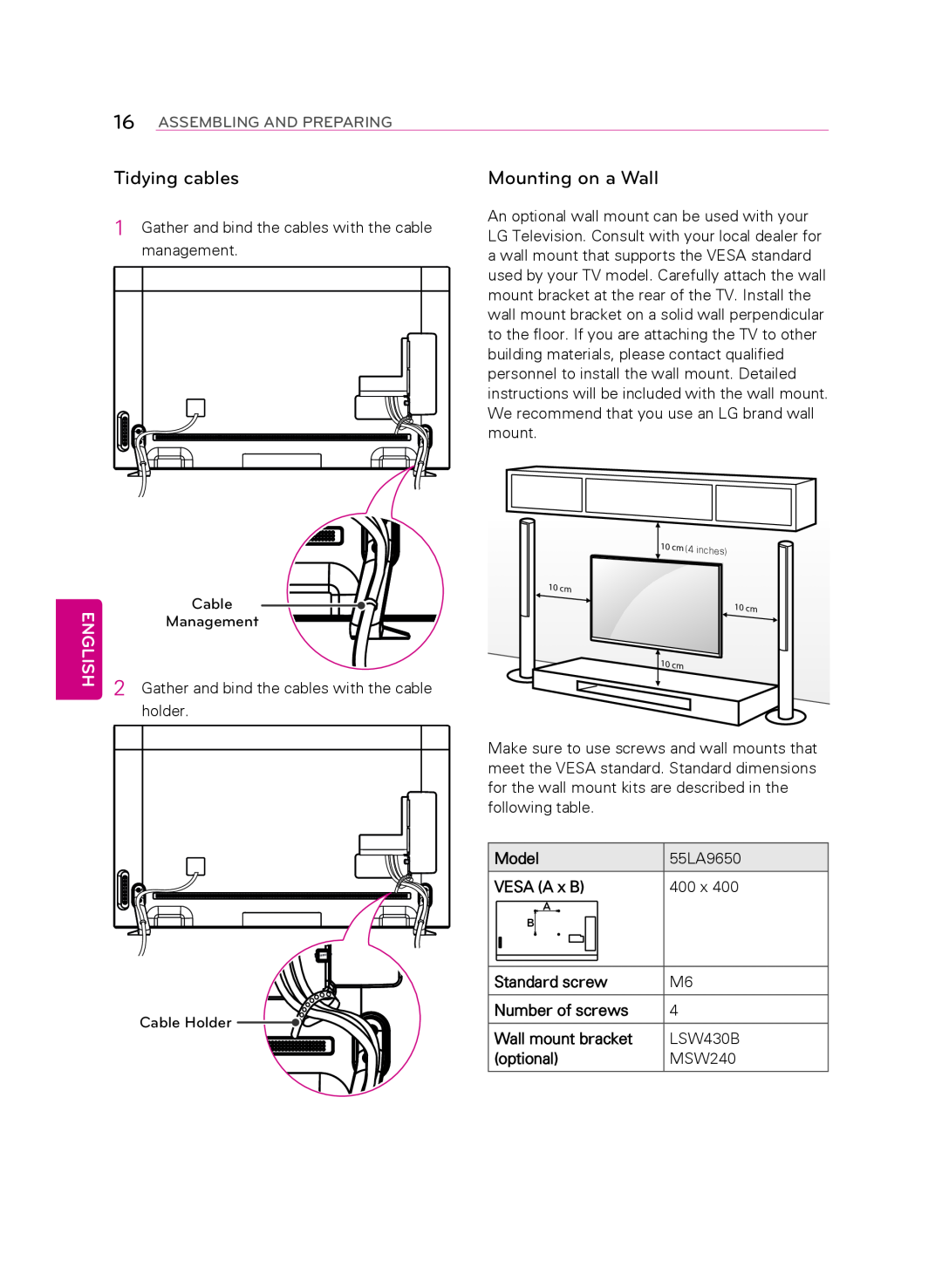 LG Electronics 55LA9650 owner manual Tidying cables, Mounting on a wall, English, Assembling And Preparing 