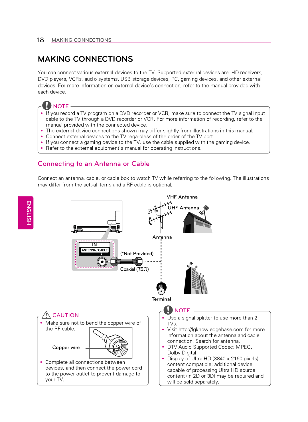 LG Electronics 55LA9650 owner manual Making Connections, Connecting to an Antenna or Cable, English 