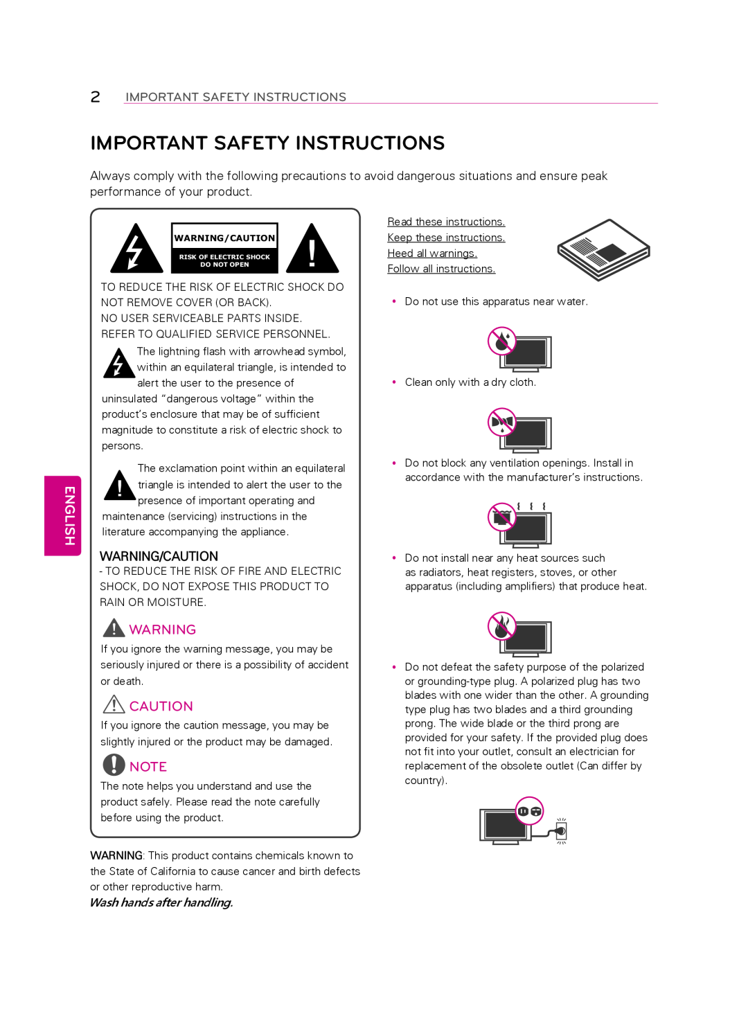 LG Electronics 55LA9650 owner manual Important Safety Instructions, English, Wash hands after handling 