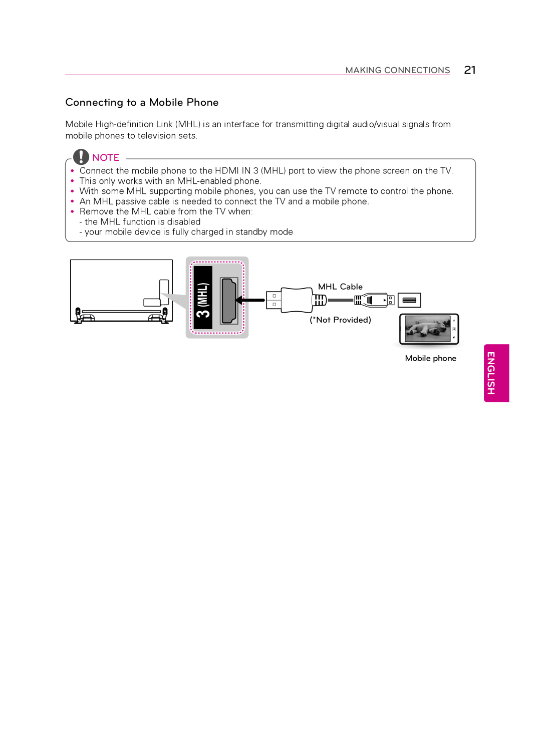 LG Electronics 55LA9650 owner manual Connecting to a mobile phone, English, Making Connections 