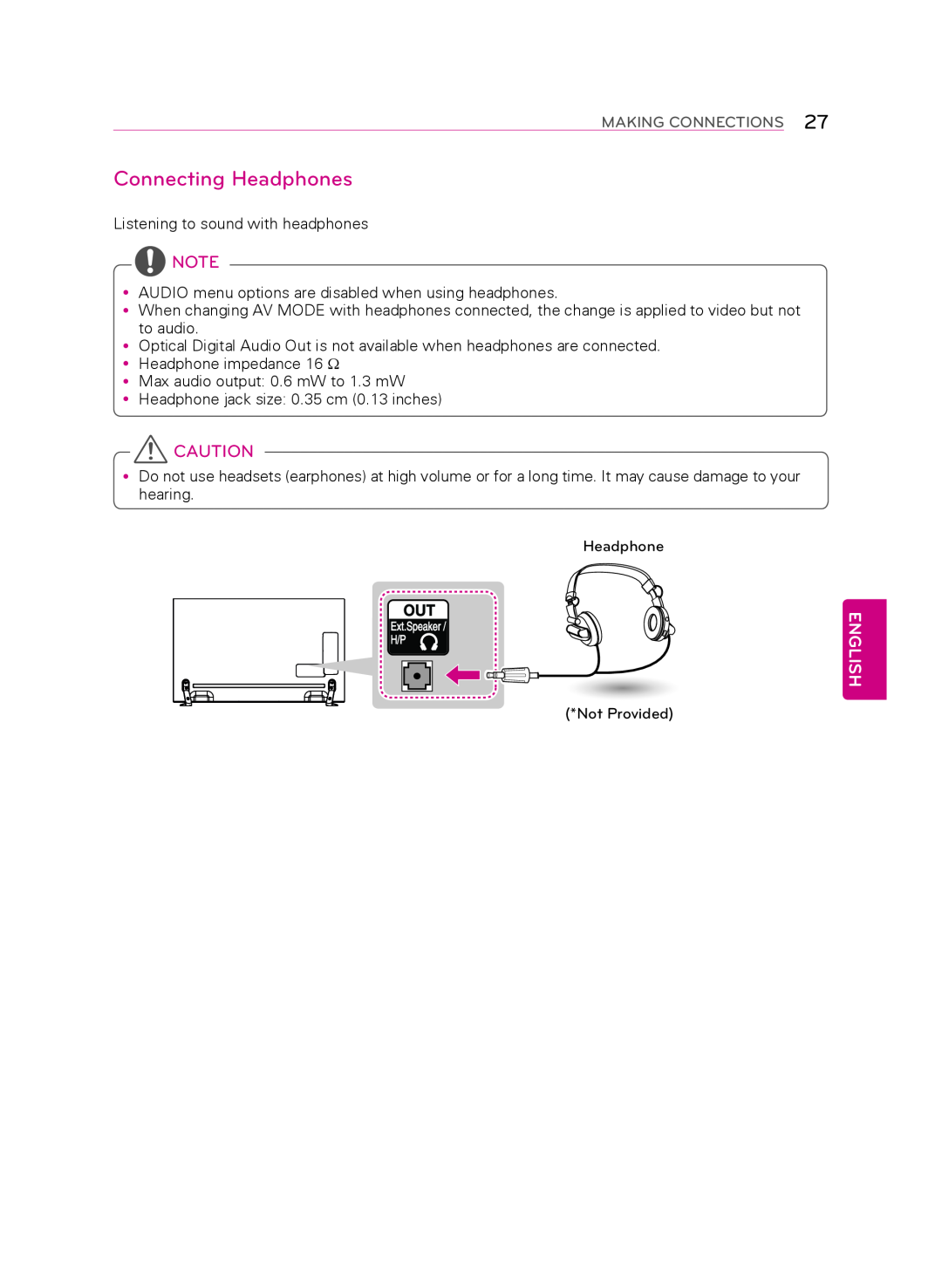 LG Electronics 55LA9650 owner manual Connecting Headphones, English, Making Connections 