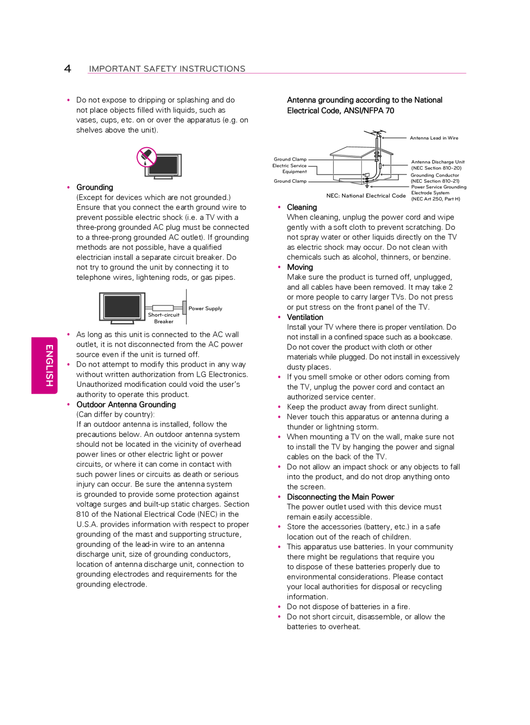 LG Electronics 55LA9650 English, Important Safety Instructions, yyGrounding, yyOutdoor Antenna Grounding, yyCleaning 