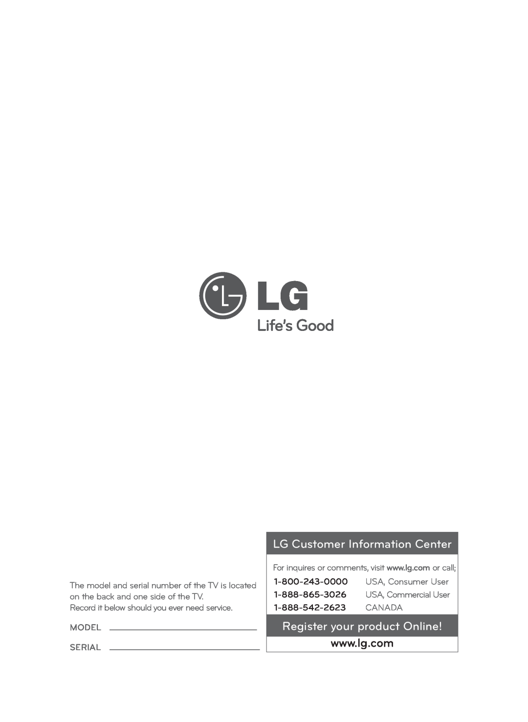 LG Electronics 55LA9650 LG Customer Information Center, Register your product Online, Canada, USA, Consumer User 