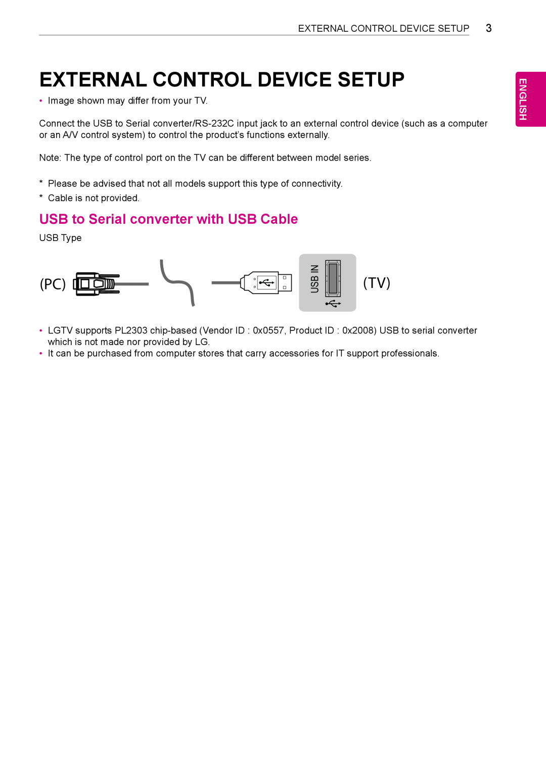 LG Electronics 55LA9650 owner manual External Control Device Setup, USB to Serial converter with USB Cable, English 