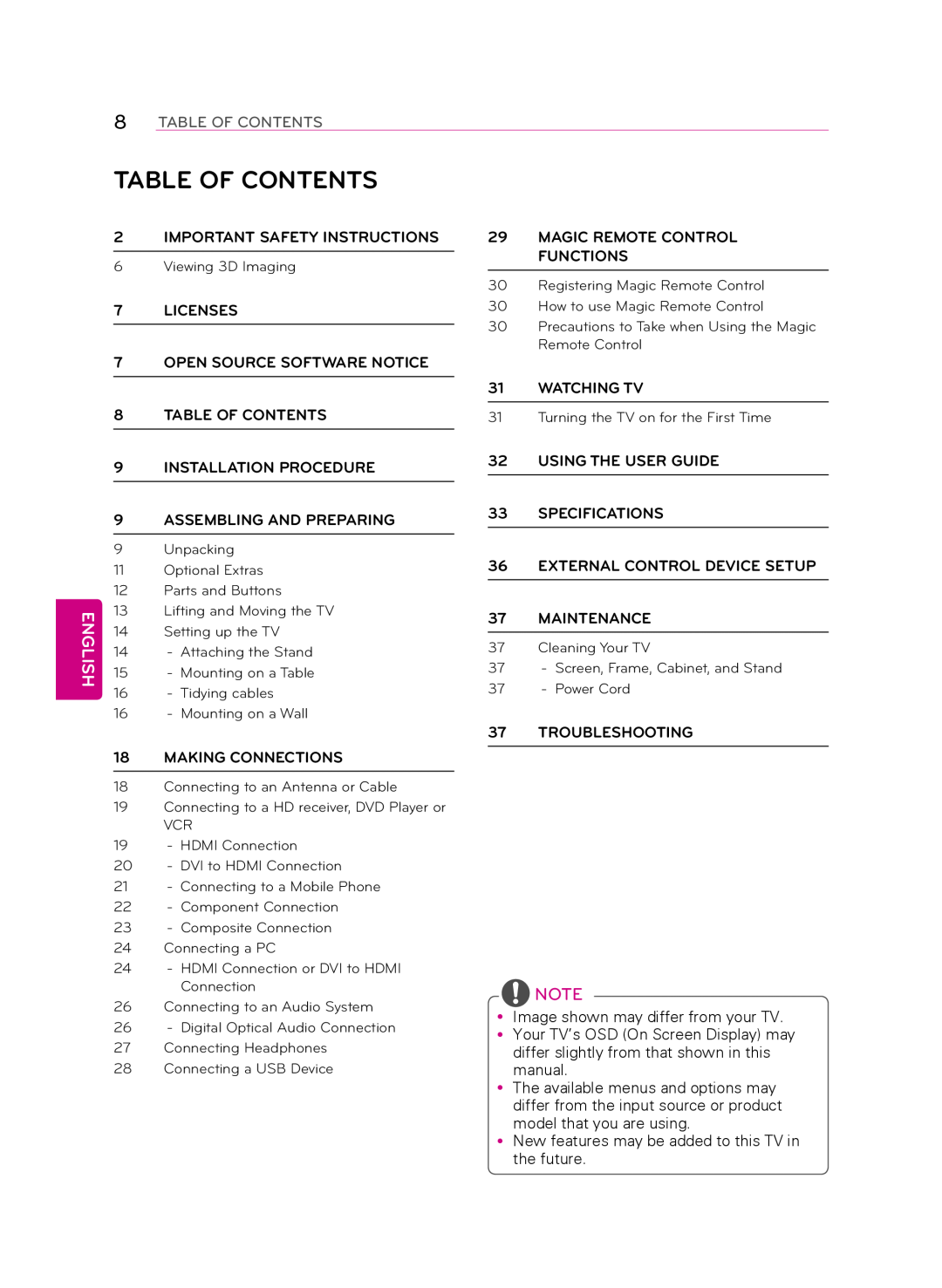 LG Electronics 55LA9650 owner manual Table Of Contents 