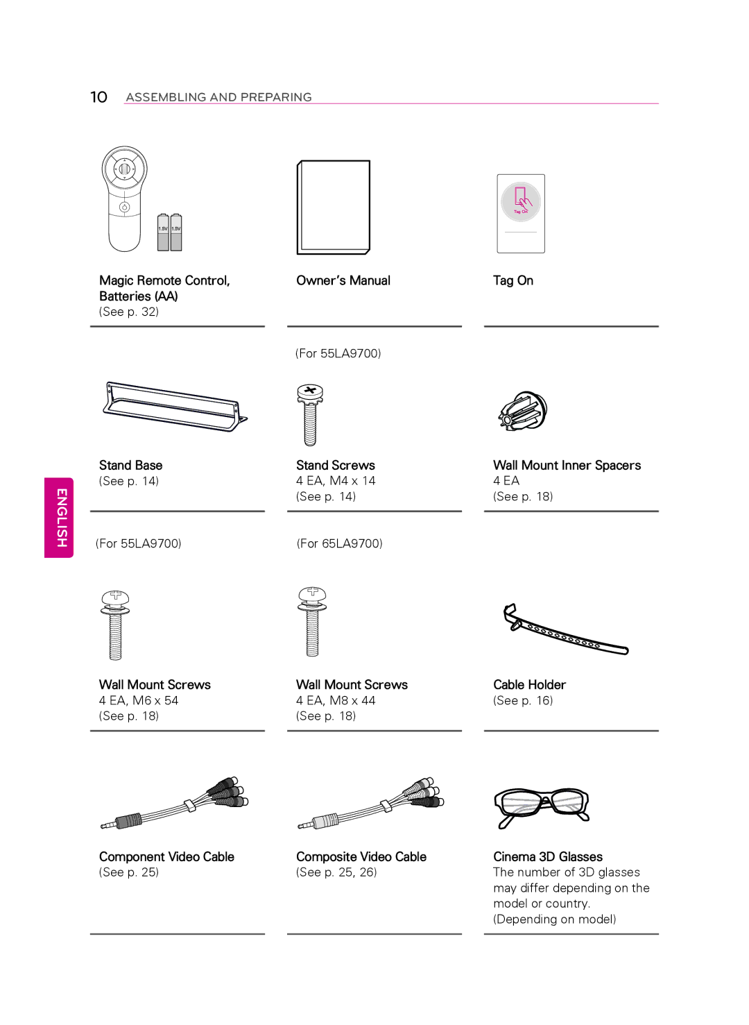 LG Electronics 55LA9700 owner manual Tag On Wall Mount Inner Spacers, Component Video Cable, Cinema 3D Glasses 