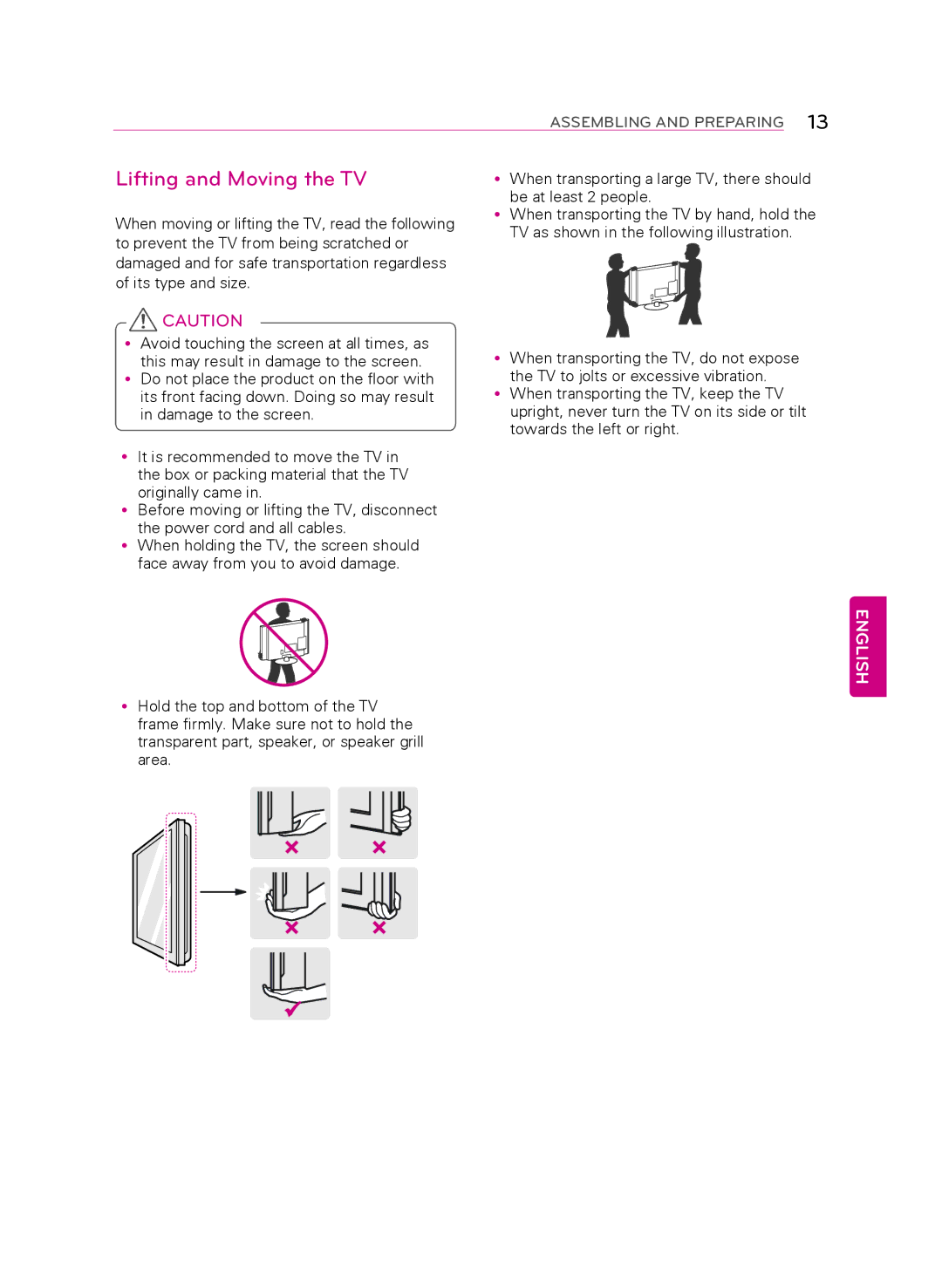 LG Electronics 55LA9700 owner manual Lifting and moving the TV 