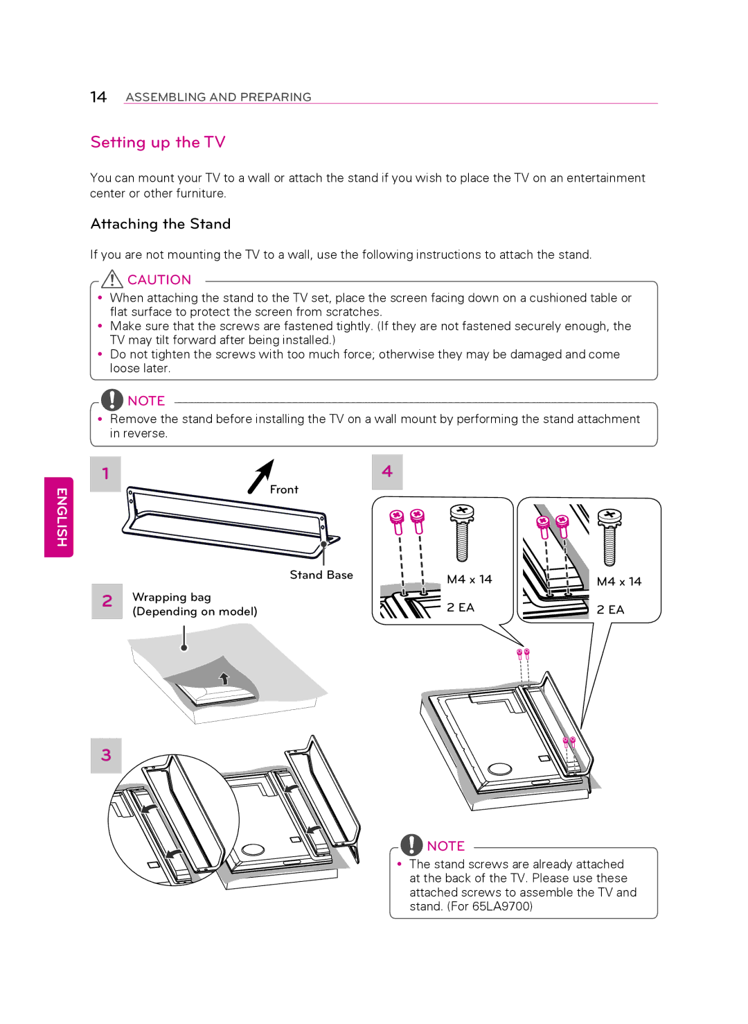 LG Electronics 55LA9700 owner manual Setting up the TV, Attaching the stand 