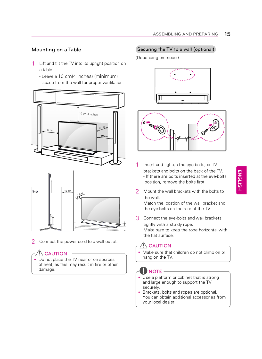 LG Electronics 55LA9700 owner manual Mounting on a table, Leave a 10 cm4 inches minimum 