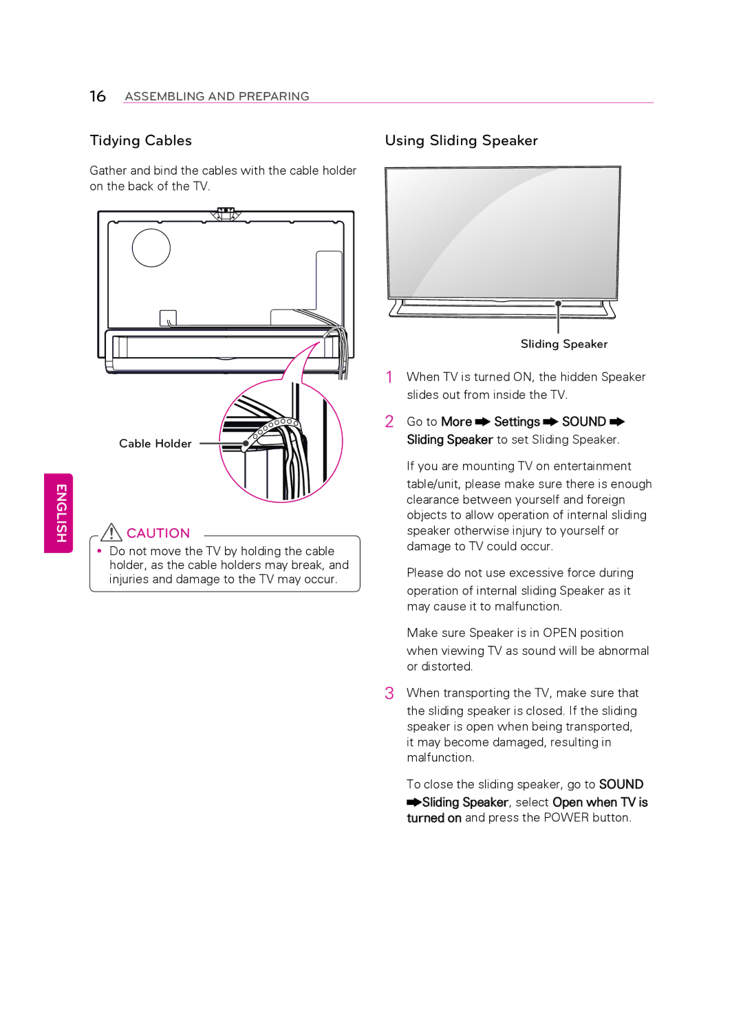 LG Electronics 55LA9700 owner manual Tidying cables, Using Sliding Speaker 