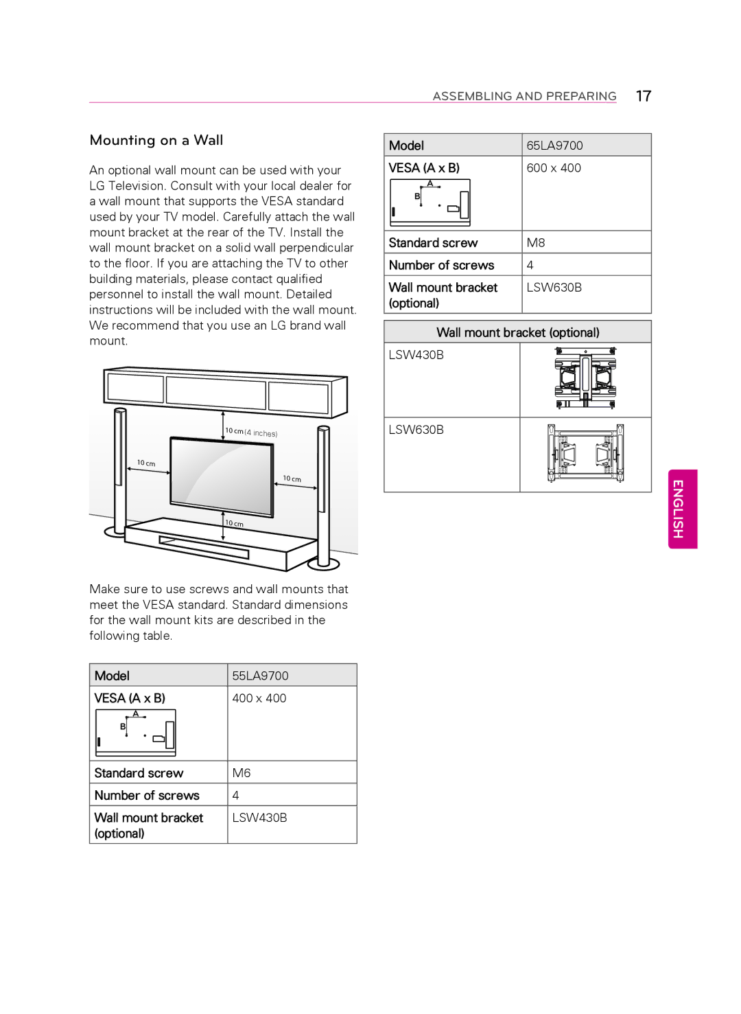 LG Electronics 55LA9700 owner manual Mounting on a wall, Model, Optional Wall mount bracket optional 