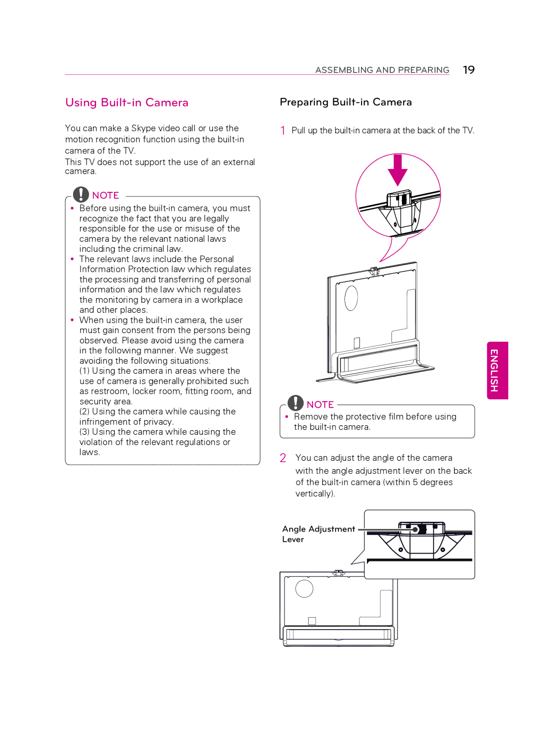 LG Electronics 55LA9700 owner manual Using Built-in Camera, Preparing Built-in Camera 