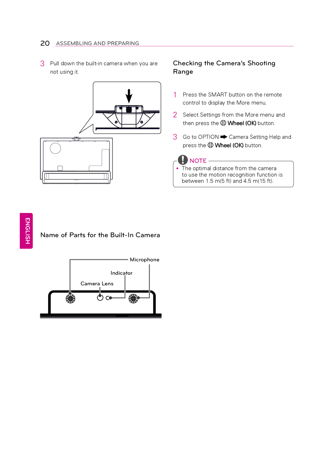 LG Electronics 55LA9700 owner manual Checking the Camera’s Shooting, Range, Name of Parts for the Built-In Camera 