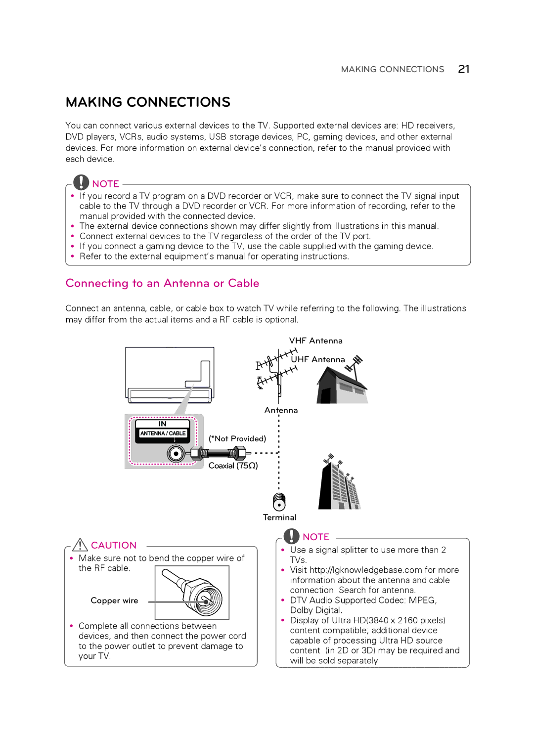 LG Electronics 55LA9700 owner manual Making Connections, Connecting to an Antenna or Cable 