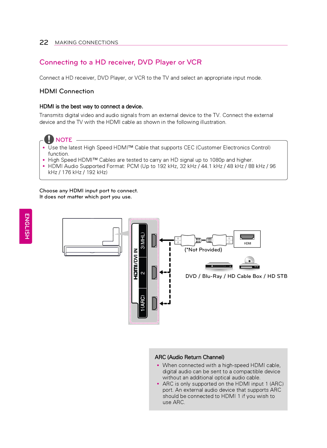 LG Electronics 55LA9700 Connecting to a HD receiver, DVD Player or VCR, Hdmi Connection, ARC Audio Return Channel 