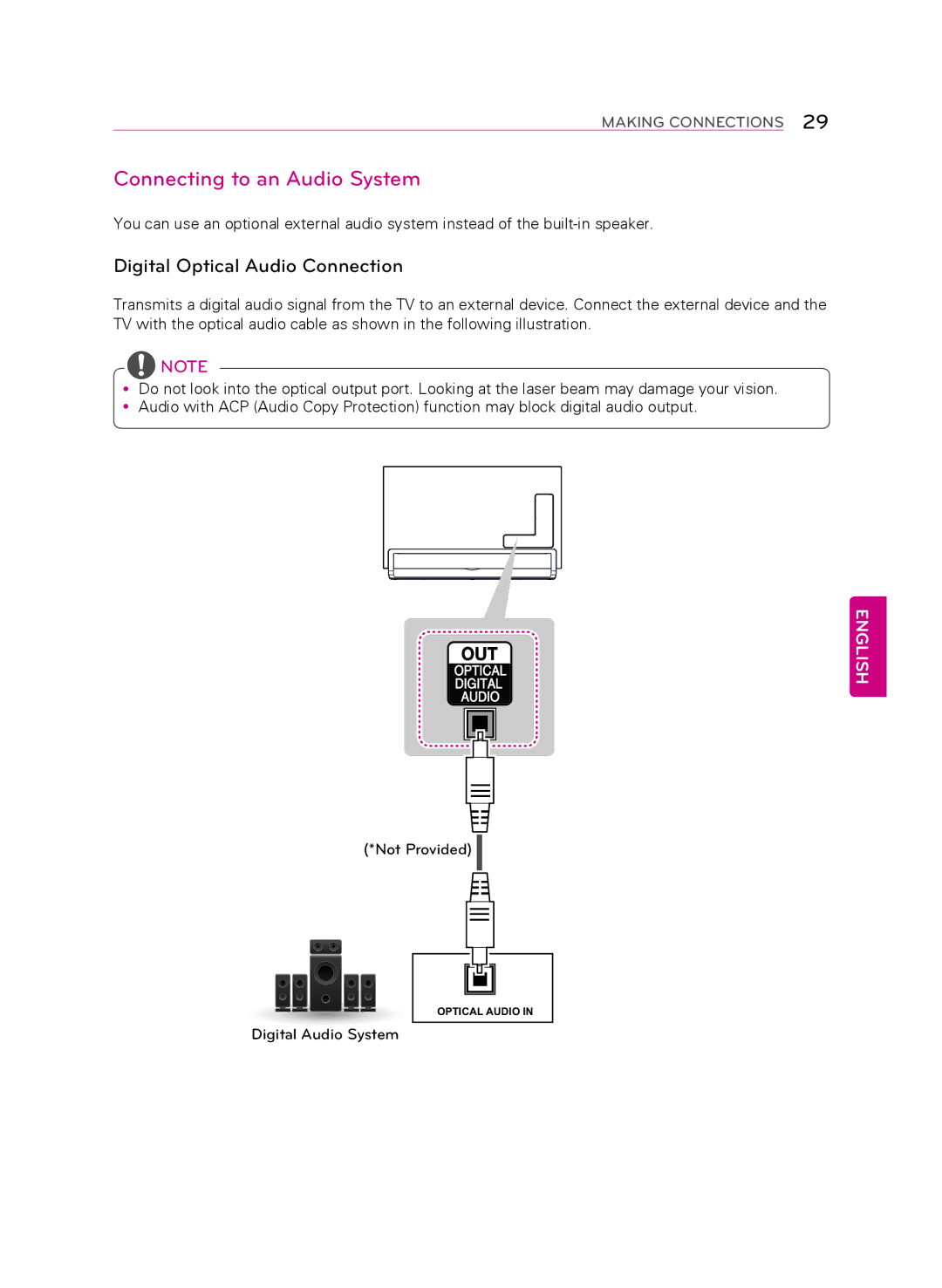 LG Electronics 55LA9700 owner manual Connecting to an Audio System, Digital Optical Audio Connection 