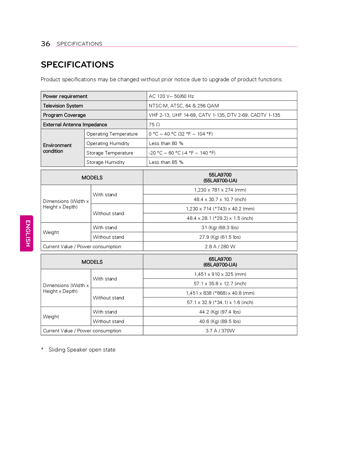 LG Electronics 55LA9700 owner manual Specifications 