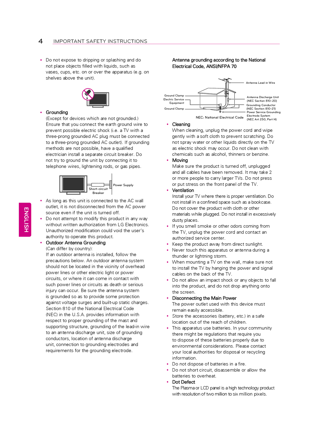 LG Electronics 55LA9700 YyOutdoor Antenna Grounding, YyCleaning, YyMoving, YyVentilation, YyDisconnecting the Main Power 