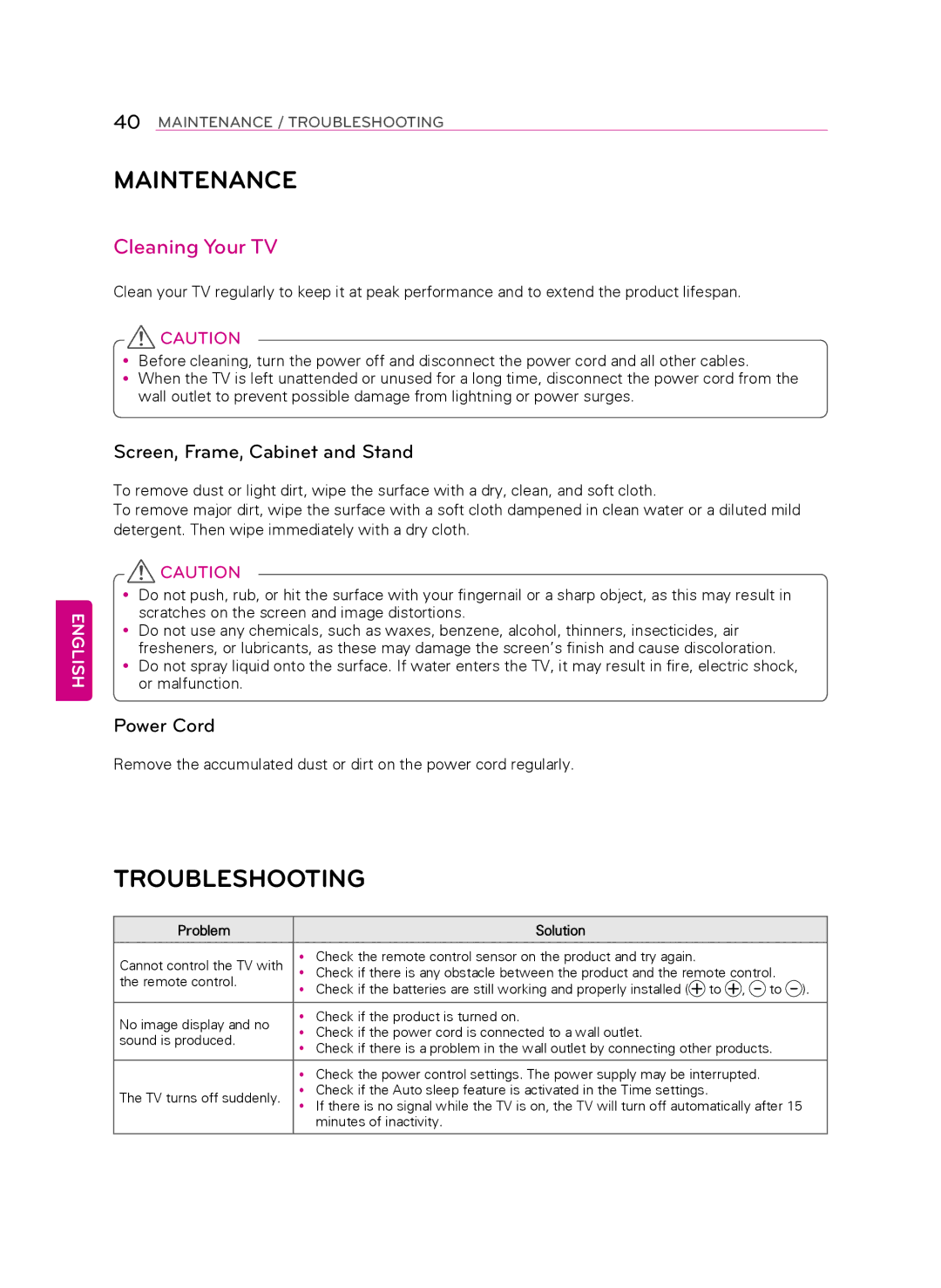 LG Electronics 55LA9700 Maintenance, Troubleshooting, Cleaning Your TV, Screen, frame, cabinet and stand, Power cord 